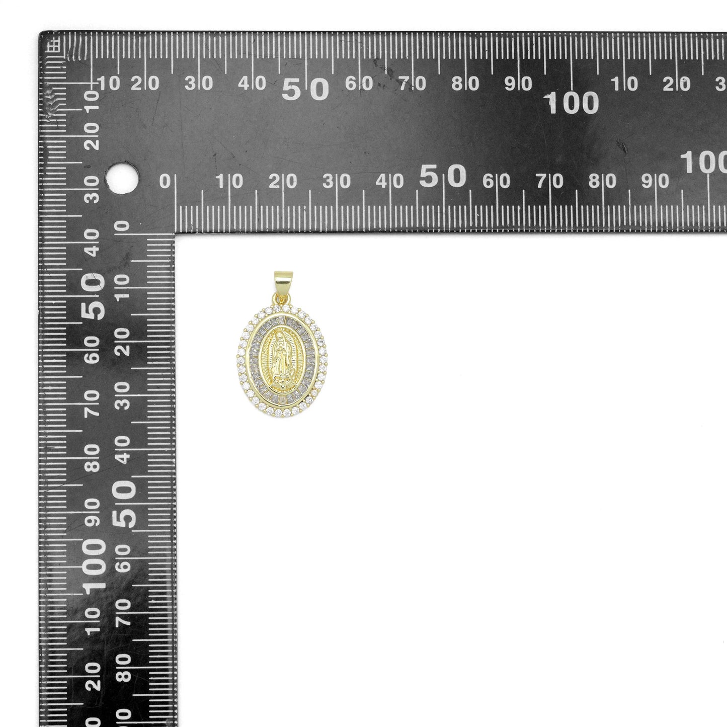 Clear Baguette CZ Gold Virgin Mary On Oval Charm Pendant, Sku#LX776