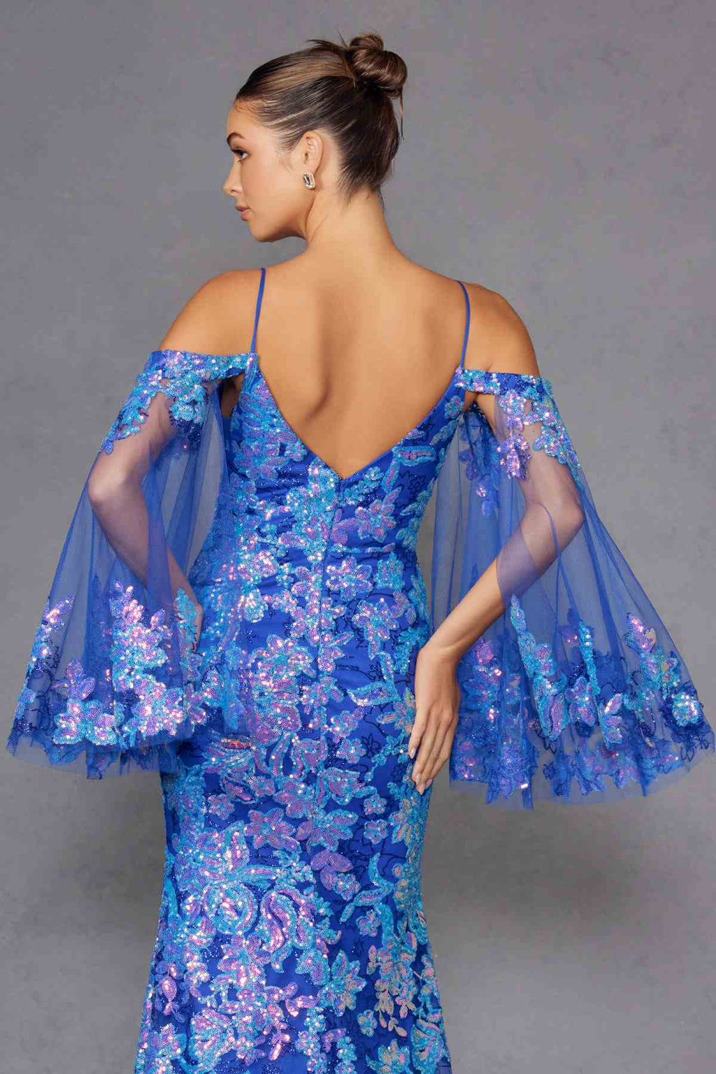 Juliet JT2564U Long Sleeve Cold Shoulder Fitted Sequin Gown
