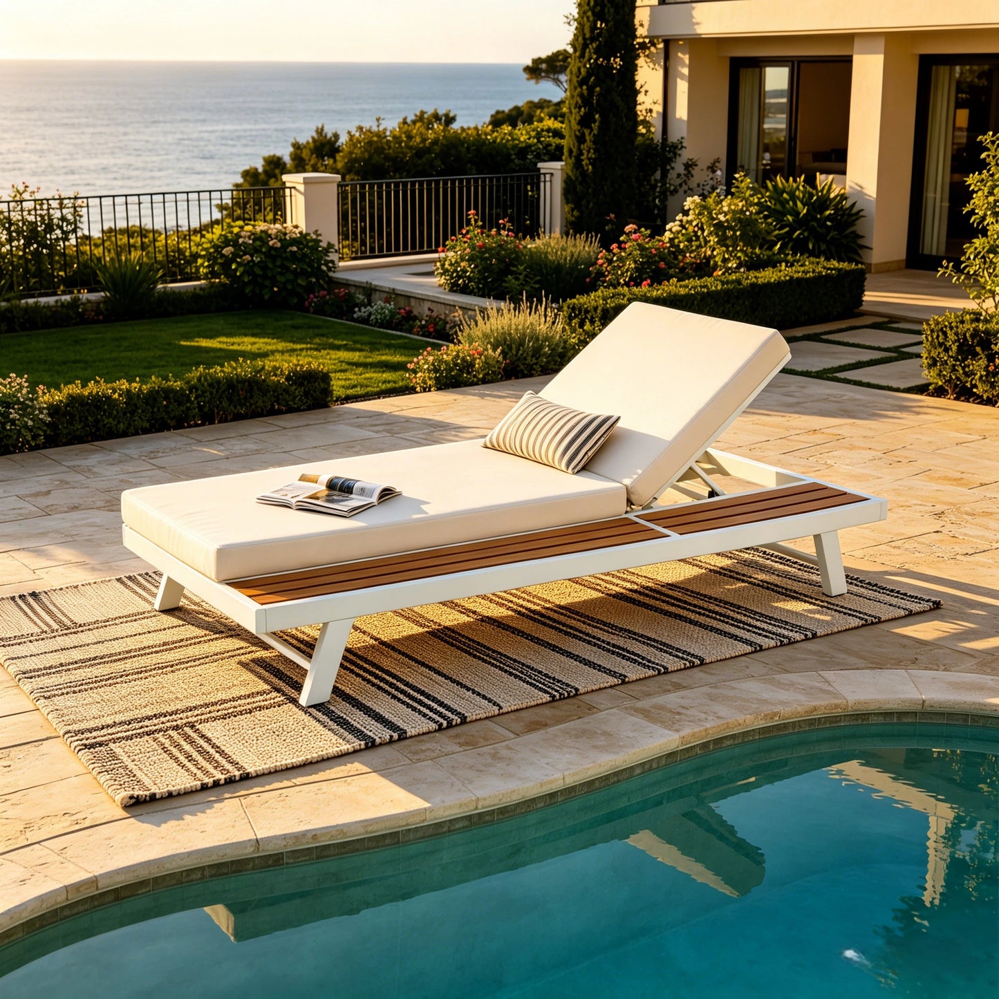 White Iron and Teak Finish Chaise Lounge Set