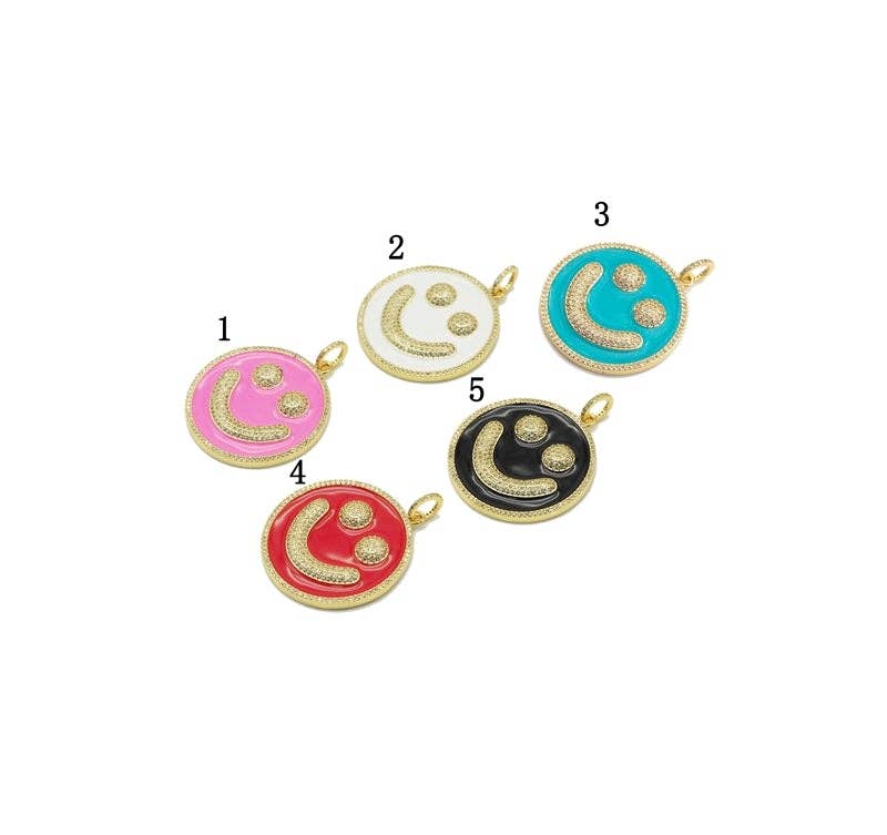 Large Pave Enamel Hot Pink/Turquoise Smiley Face 38mm Pendant, Cubic Zirconia Pave Pendant, Happy face charm, Pink Smiley Face, Sku#ML39