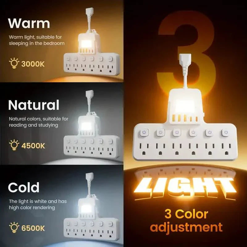 12-in-1調節可能デスクランプ電源タップ – 6つのACコンセント、3つのUSB-A＆2つのType-Cポート、サージ保護付き