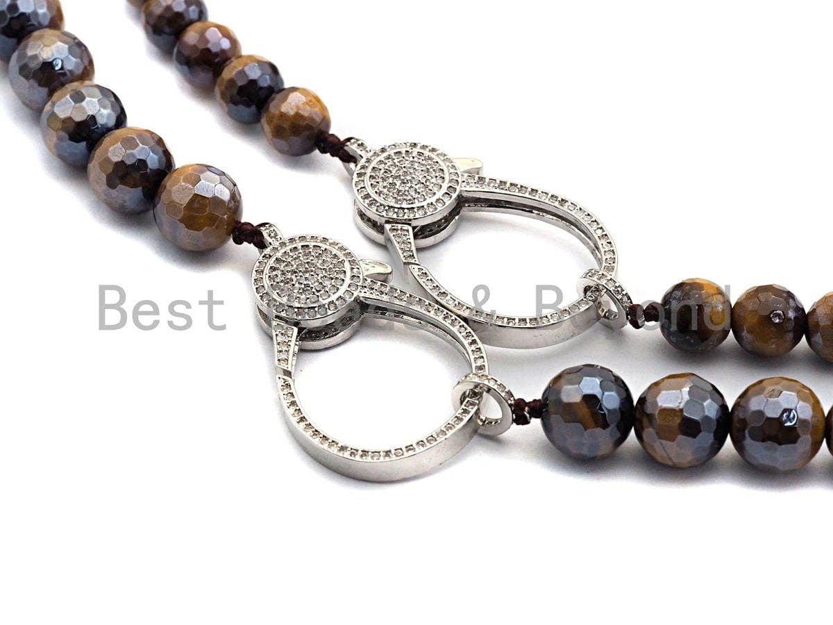 Plated Brown Tiger Eye Attachment Necklace with Large CZ Pave Silver clasp, 18 long, 8mm/10mm beads size, sku#D46