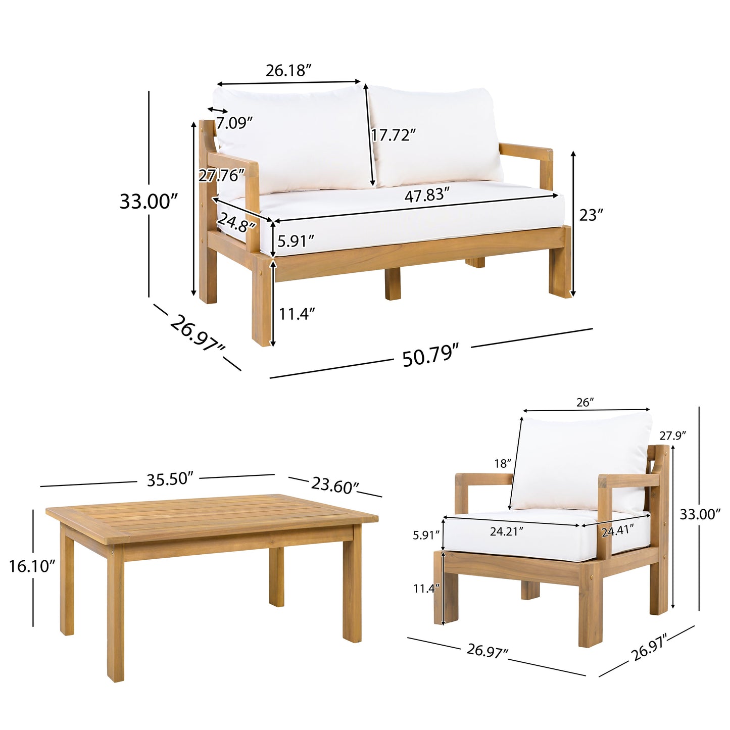 Outdoor 4-Seater Acacia Wood Patio Chat Set, Beige+Natural