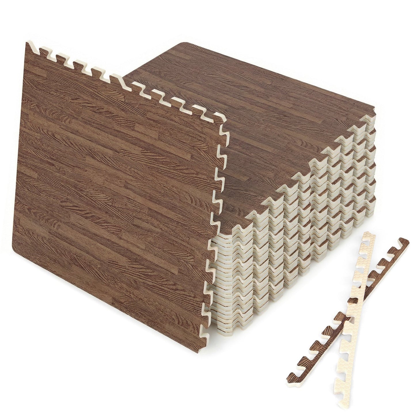 25 Tiles Wood Grain Foam Floor Mats with Borders- Natural