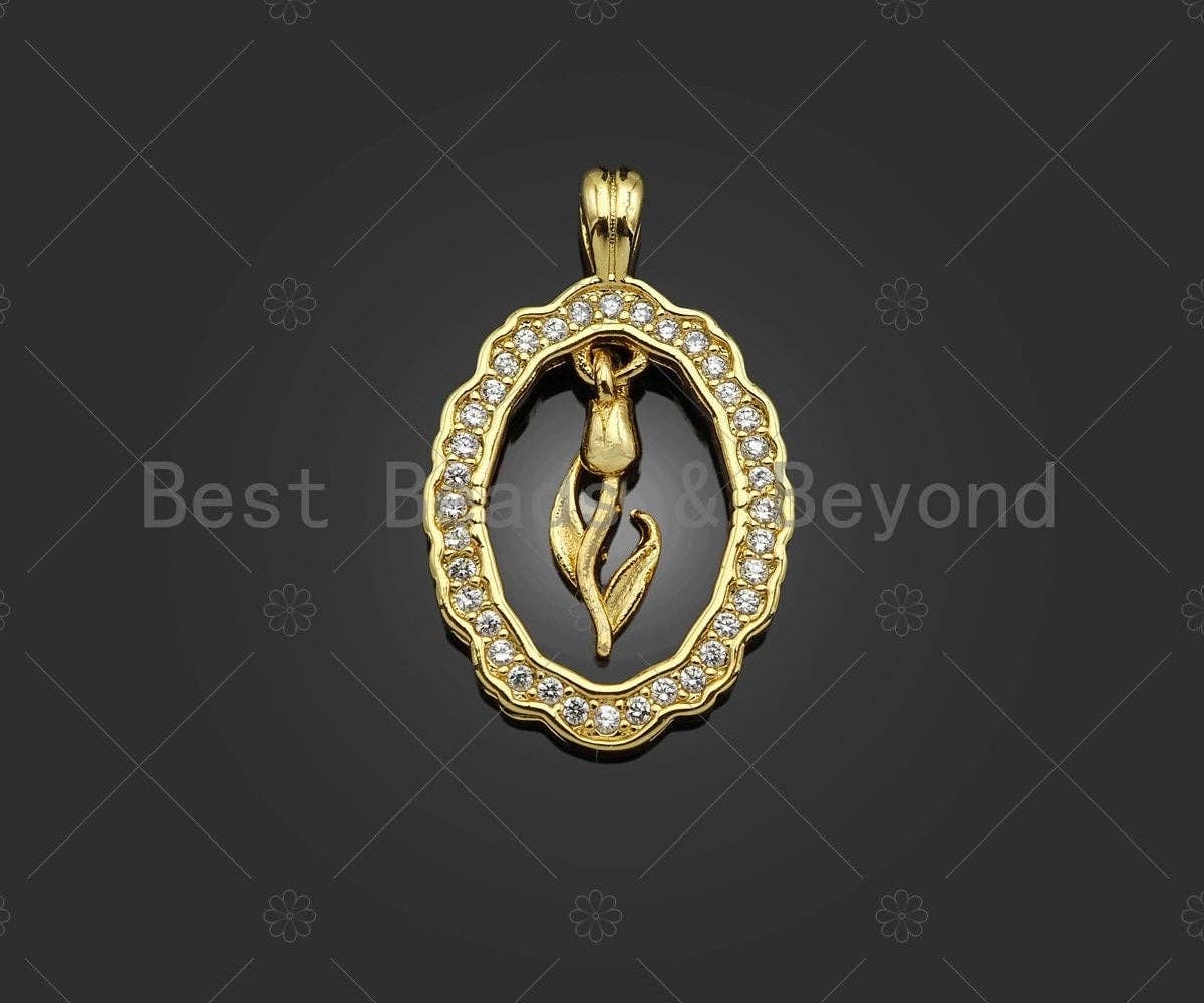 CZ Micro Pave Flower On Oval Shape Pendant/Charm,Cubic Zirconia Dangle Flower Charm, Necklace Bracelet Charm Pendant,15x24mm, Sku#LK270