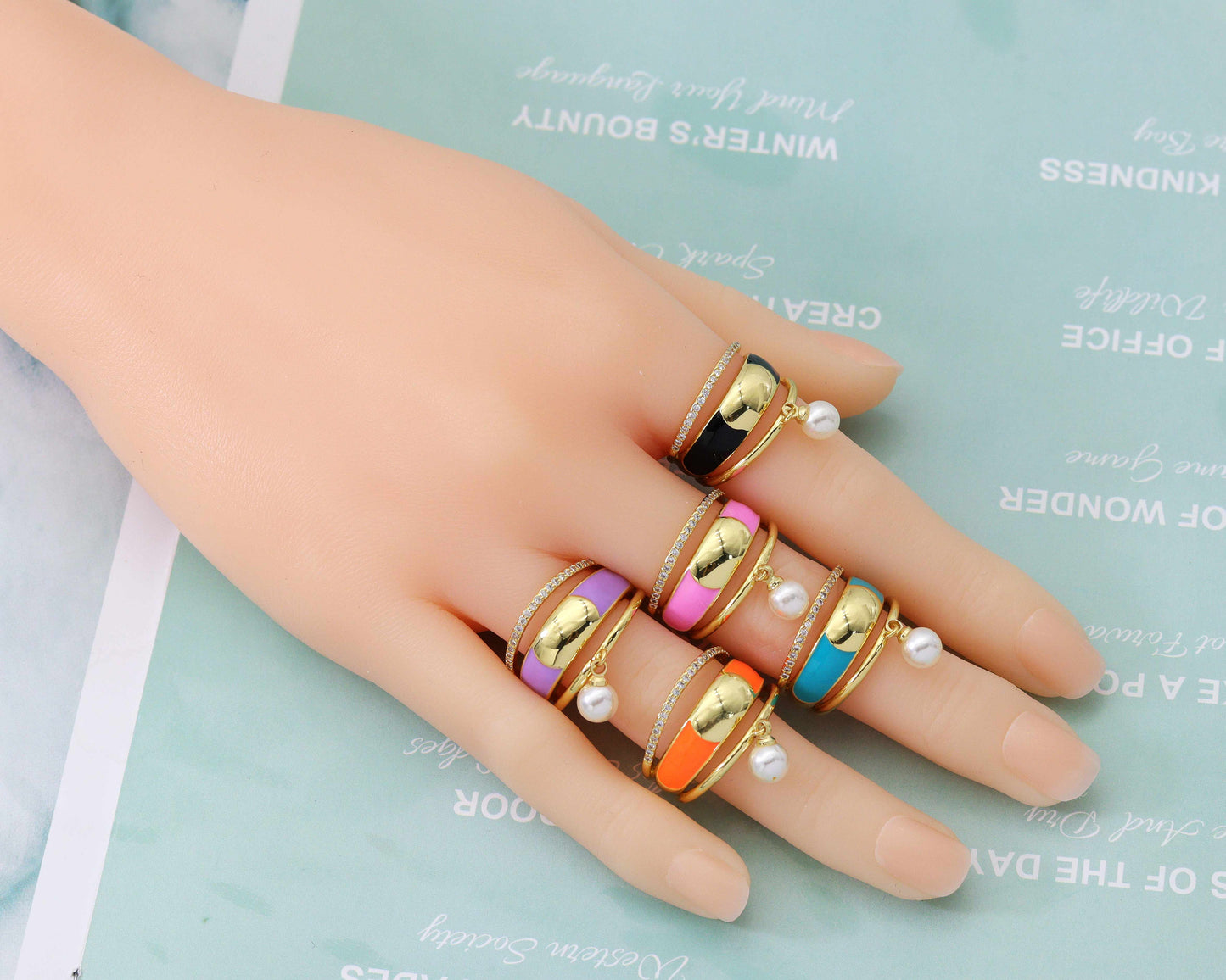 CZ Enamel Pearl Band Ring, Sku#O98