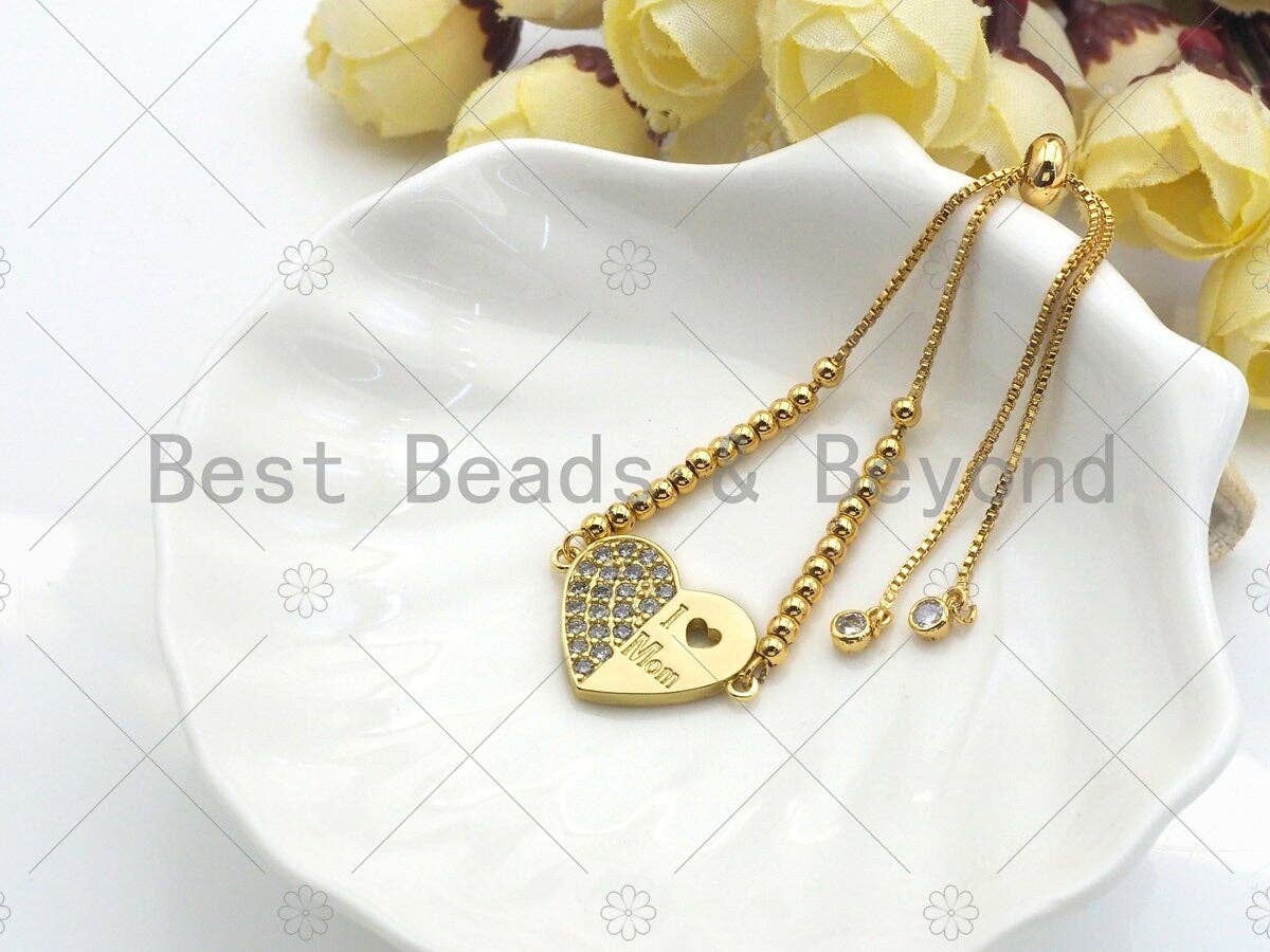CZ Micro Pave I Love Mom Heart Shape Connector/Link, Mom Connetor, Pave Mom Bracelet Necklace Connector in Gold Finish, 16x24mm,sku#LK94