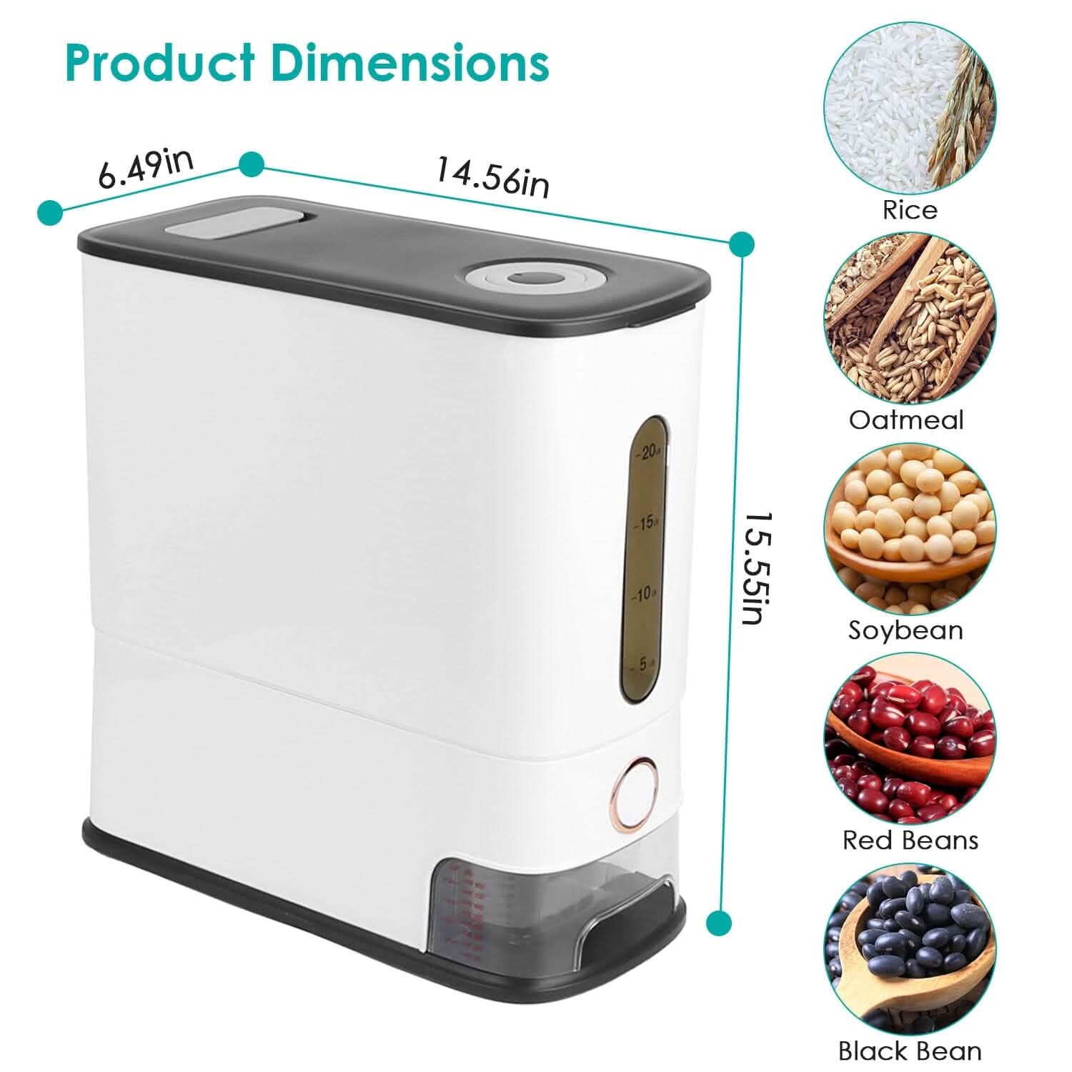 25LBS Vertical Rice Dispenser With Dustproof Lid Large Capacity Grain Storage Container With Measuring Cup Built-In