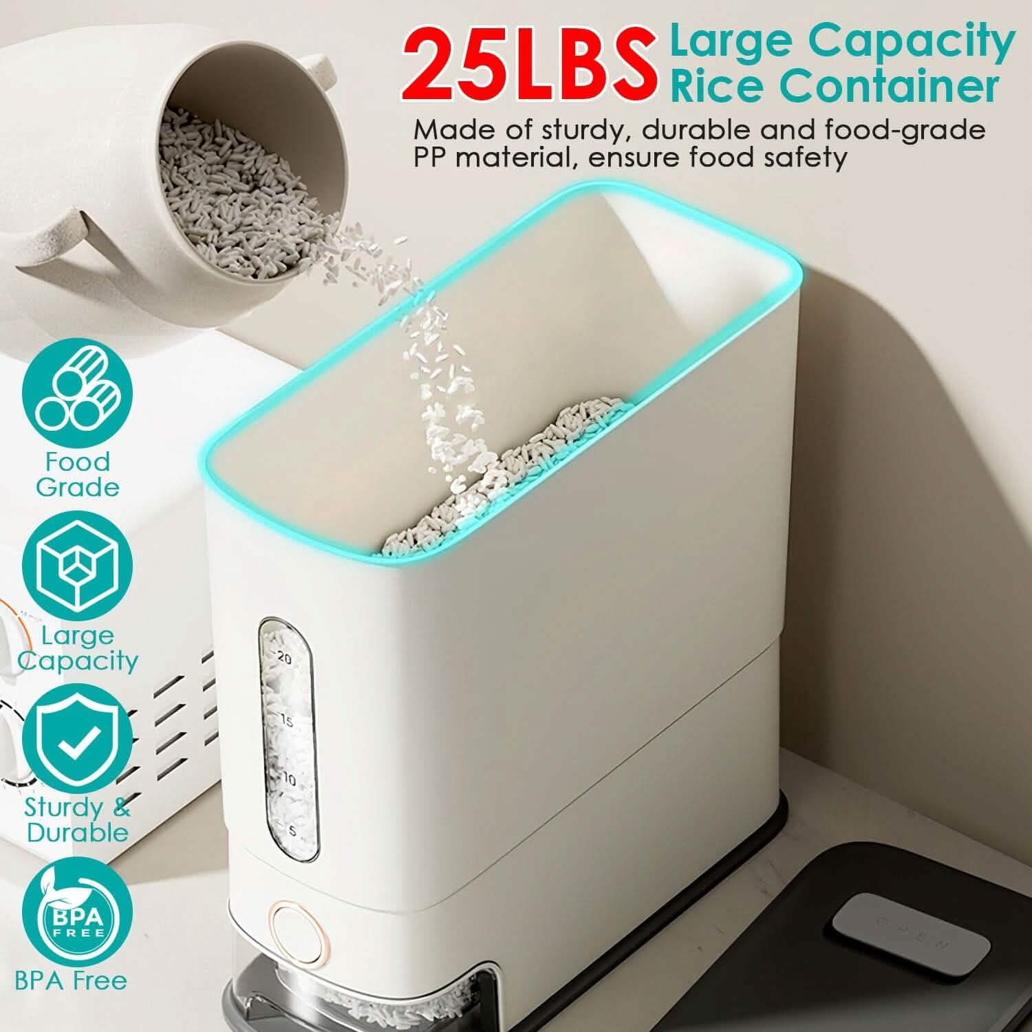 25LBS Vertical Rice Dispenser With Dustproof Lid Large Capacity Grain Storage Container With Measuring Cup Built-In