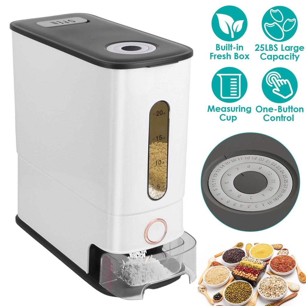 25LBS Vertical Rice Dispenser With Dustproof Lid Large Capacity Grain Storage Container With Measuring Cup Built-In