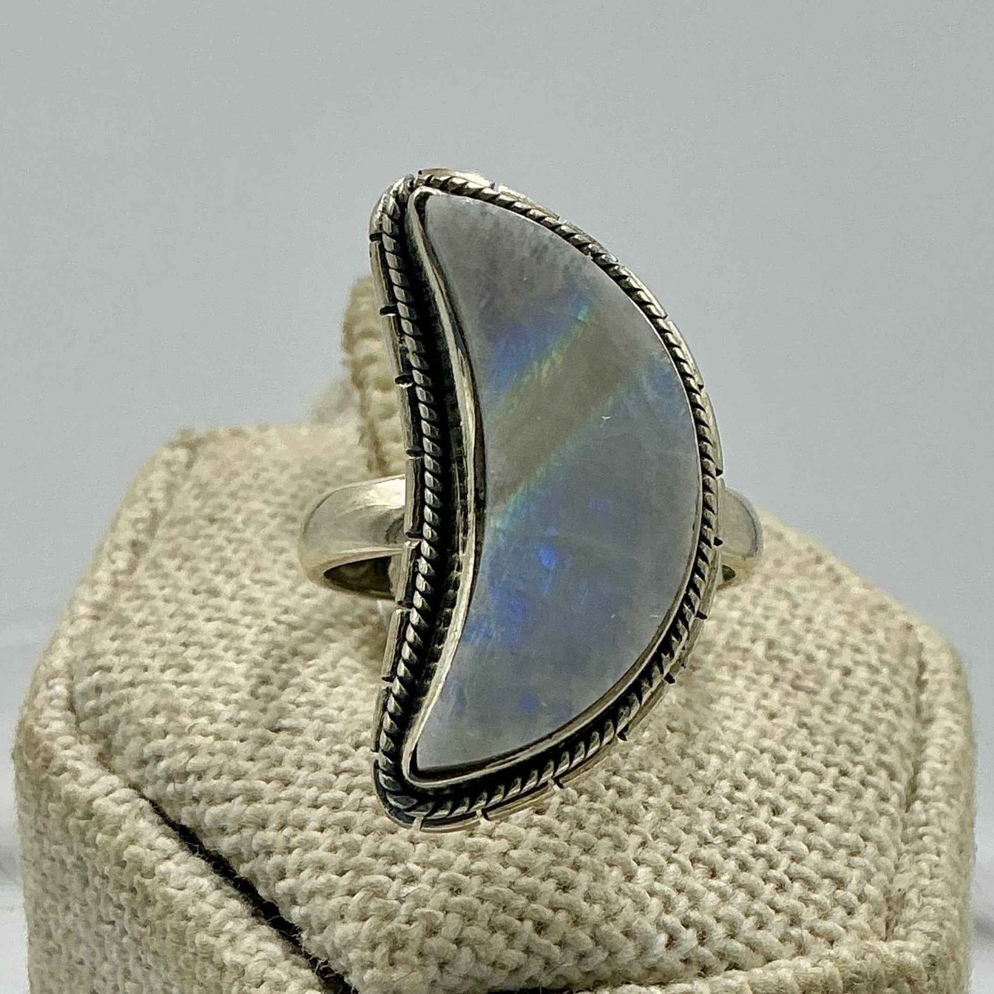Sterling Silver Rainbow Moonstone Crescent Moon Ring – Size 5 – Intuition, Balance & New Beginnings