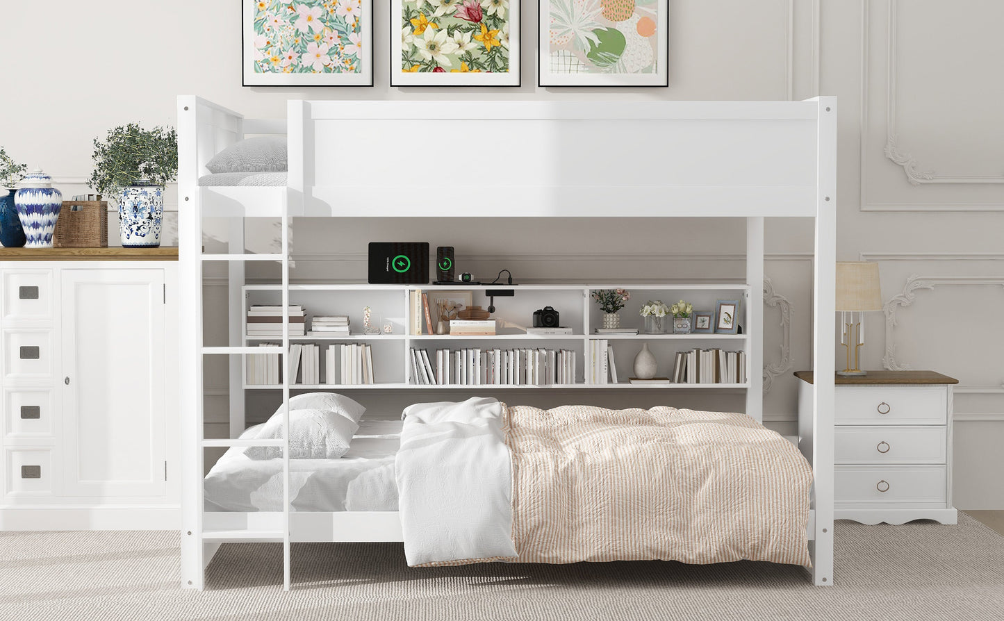 Queen Over Queen Bunk Bed with Storage Cabinets and USB Ports