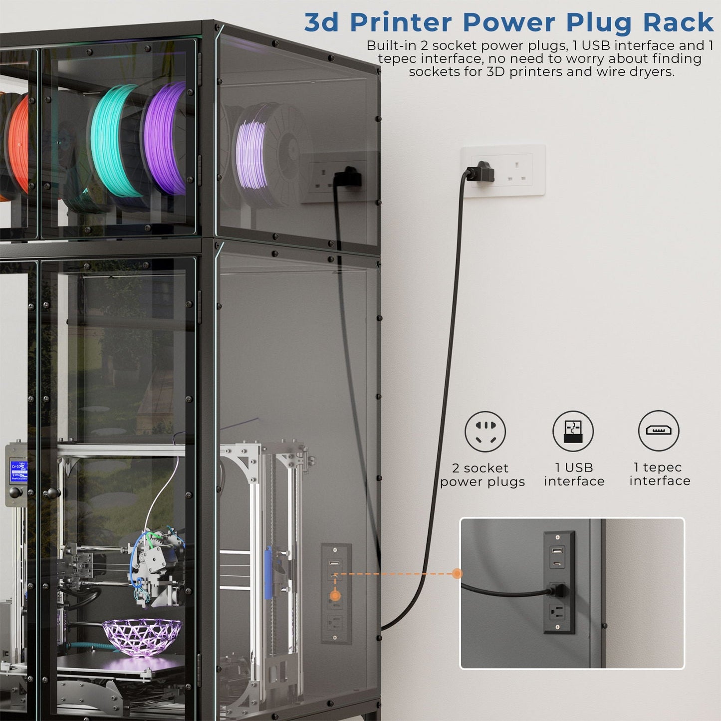 3D Printer Cabinet With Double Layer Filament Storage, T-Shaped Filament Bar, Noise Reducing And Dust Proof Design - Black