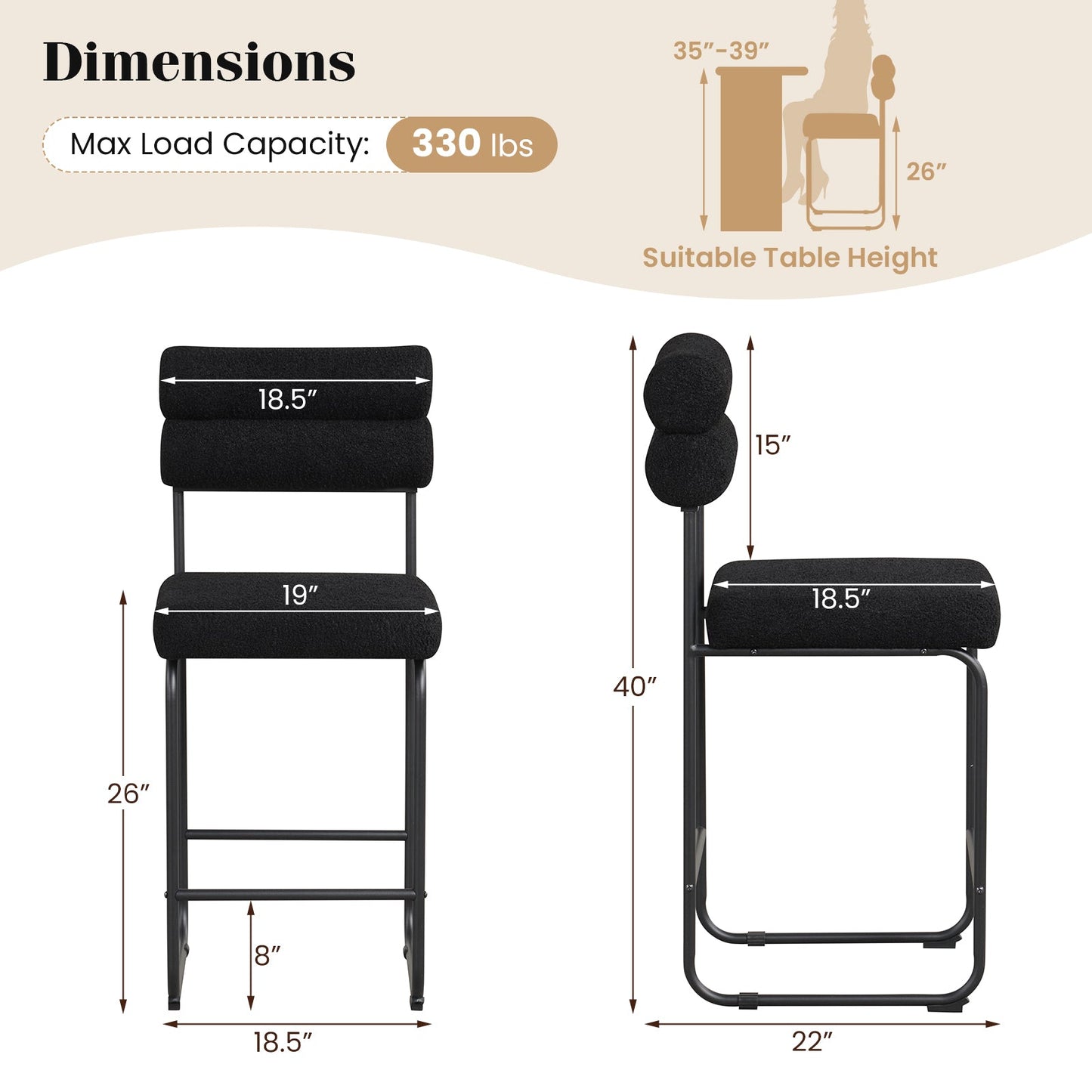 26 Inch Counter Height Bar Stools Set of 2 with Metal Frame and Footrest
