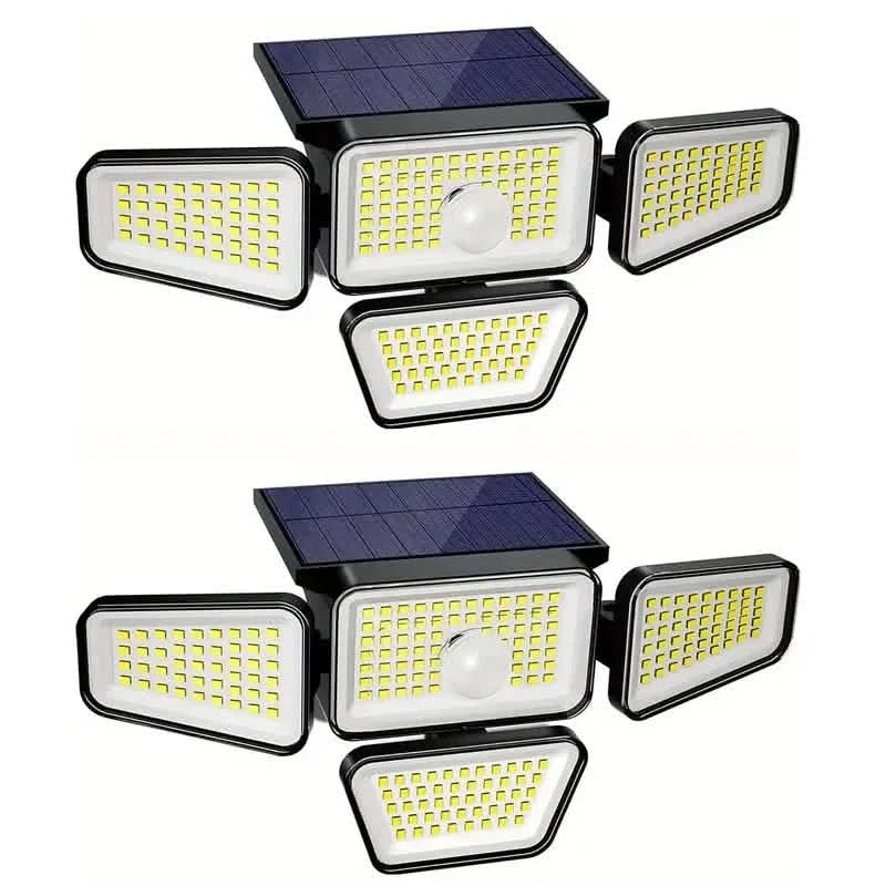 Lampe solaire murale 270 LED avec détecteur de mouvement - 4 têtes, 3 modes d'éclairage grand angle, projecteur de sécurité sans fil