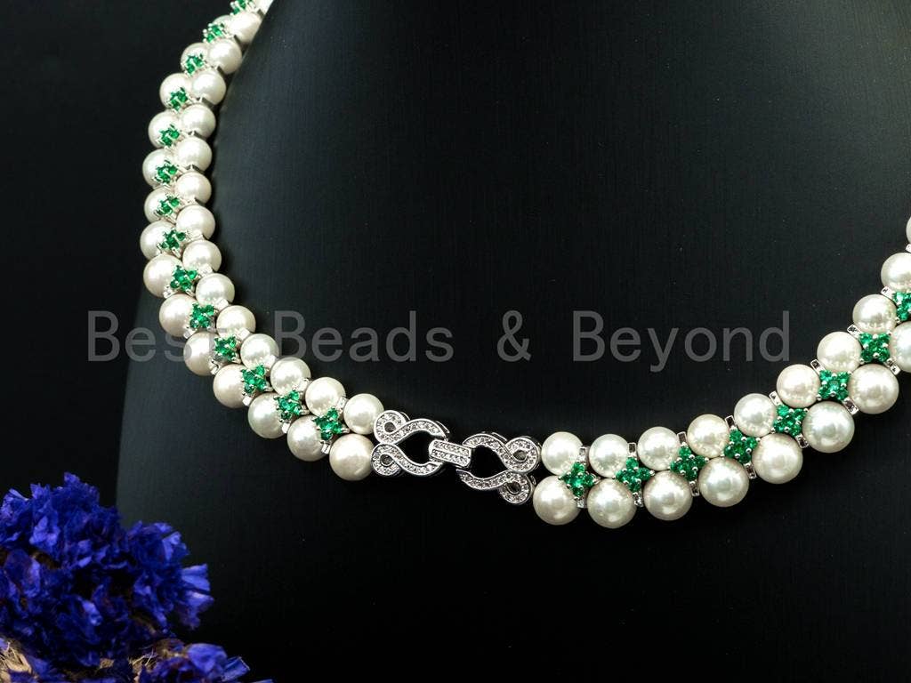 Green Cubic Zirconia& Mother of pearl necklace and bracelet set, Pearl Jewelry set, Bridal Jewelry, Double Strand Statement Jewelry, SKU#P17