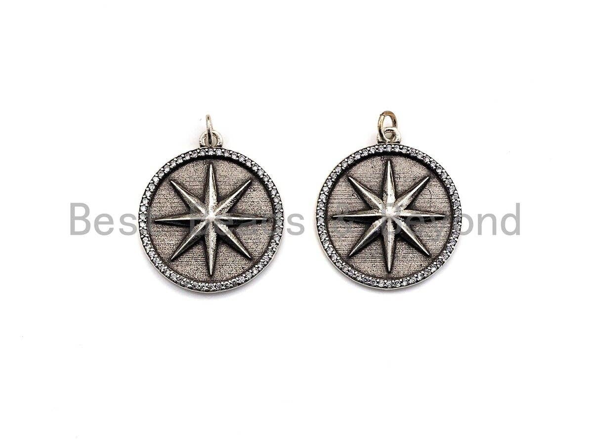 CZ Micro Pave Star on Round Disc Pendant, Antique Silver Tone, Cubic Zirconia Pave Coin Charm Pendant, 25x30mm,sku#F1020C