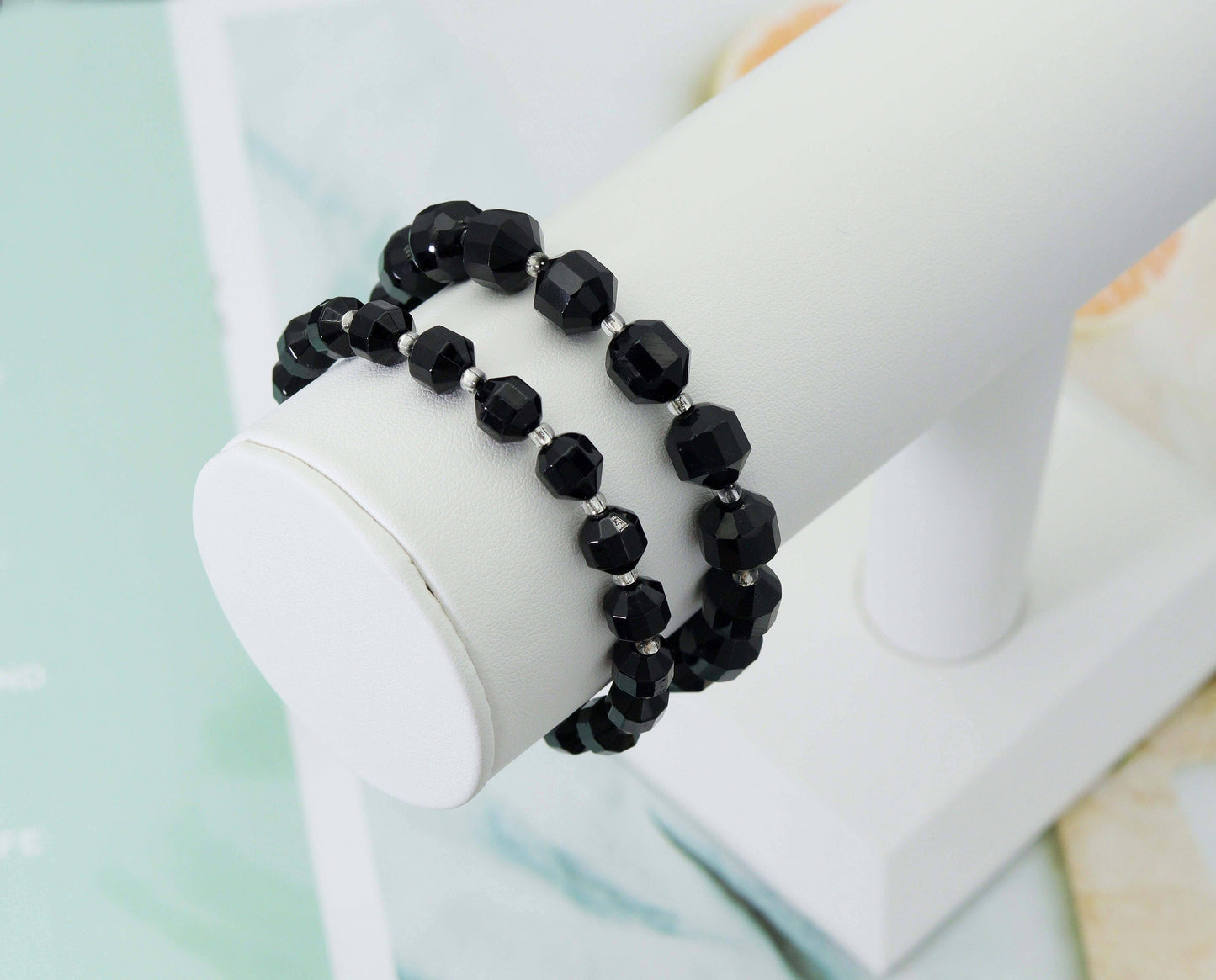 Black Onyx Double Point Stretchy Bracelet,Sku#EF105