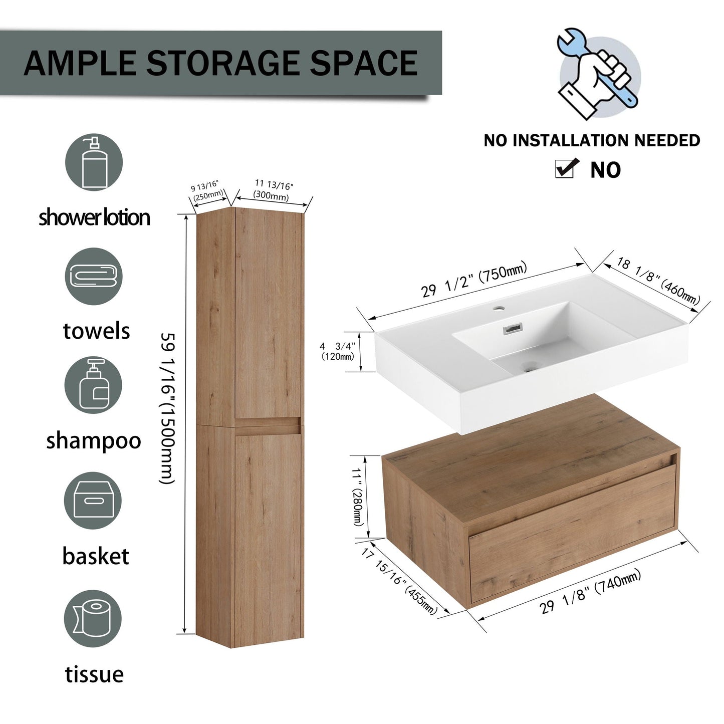 Modern Wall Mounted 30 Inch Bathroom Vanity With Resin Sink And 2 Side Cabinet - Imitative Oak