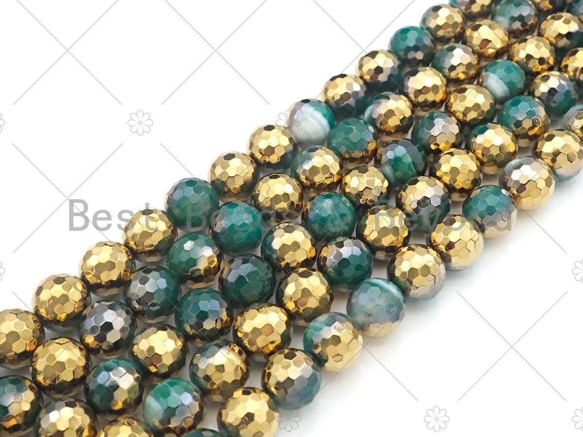 Half Gold Plated Green Agate Beads, 8mm/10mm/12mm Round Faceted Gold Green Agate Beads, 15.5 Full Strand, sku# UA135