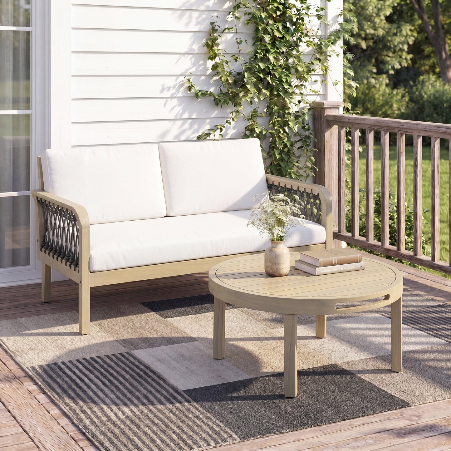 Outdoor Acacia Wood Loveseat & Coffee Table Set with Handwoven Rope