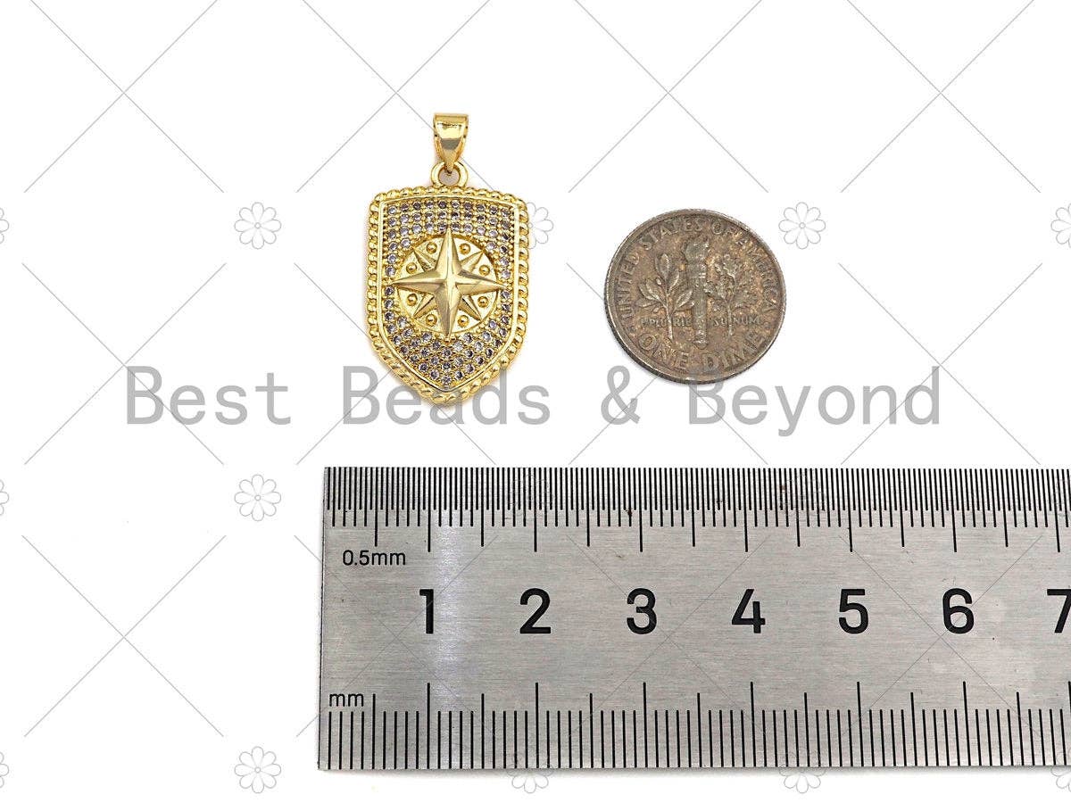 CZ Micro Pave North Star On Shield Pendant/Charm,Cubic Zirconia Star Charm, Necklace Bracelet Charm Pendant,16x25mm, Sku#LK190