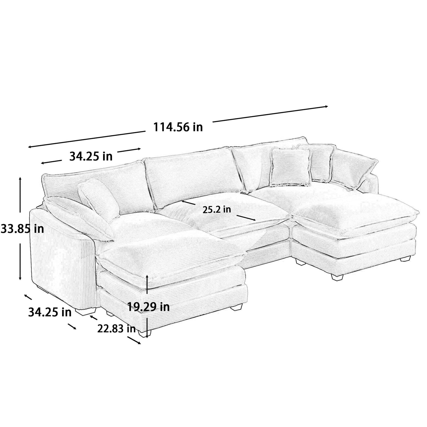 Oversized Modular Cushion Sofa With Ottomans, Comfy Upholstered U Shaped Convertible Corner Sectional Sofa Couch - Light