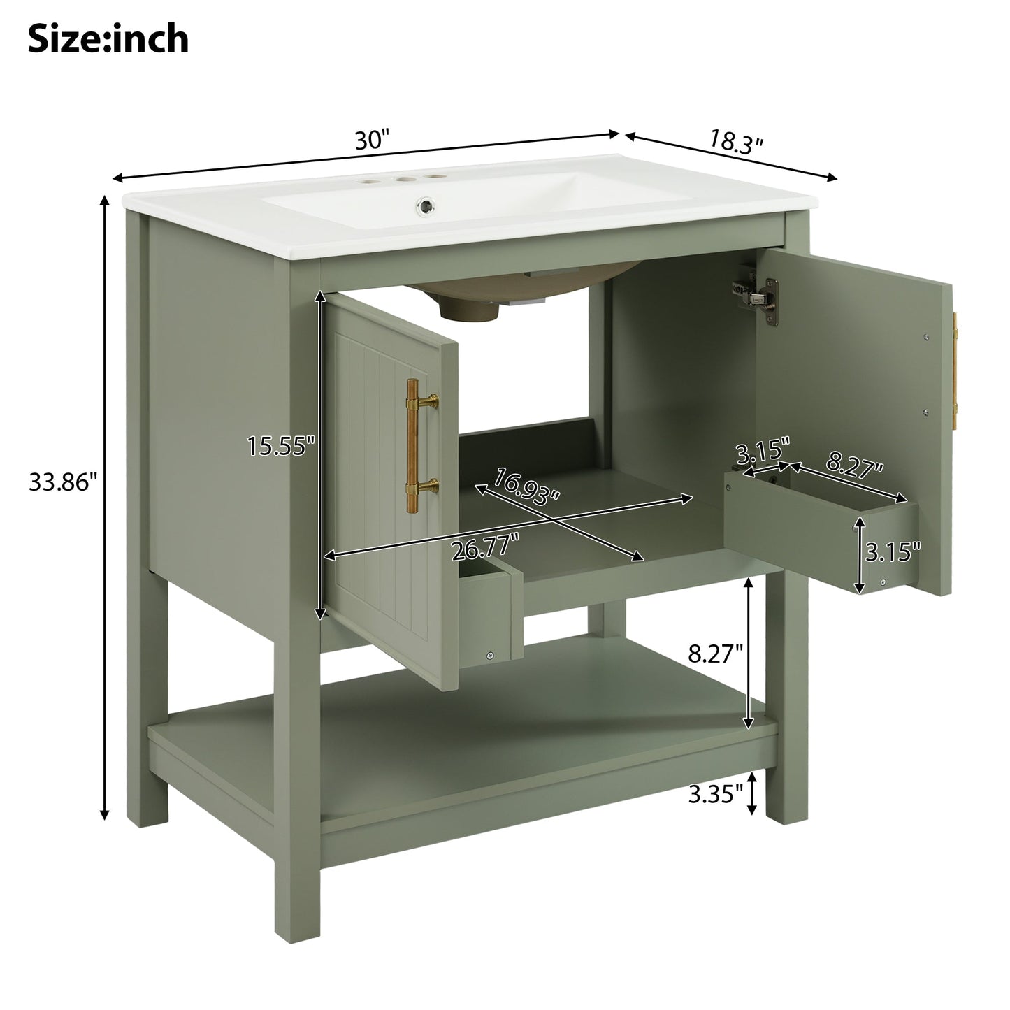 30-Inch Green Bathroom Vanity with Ceramic Sink