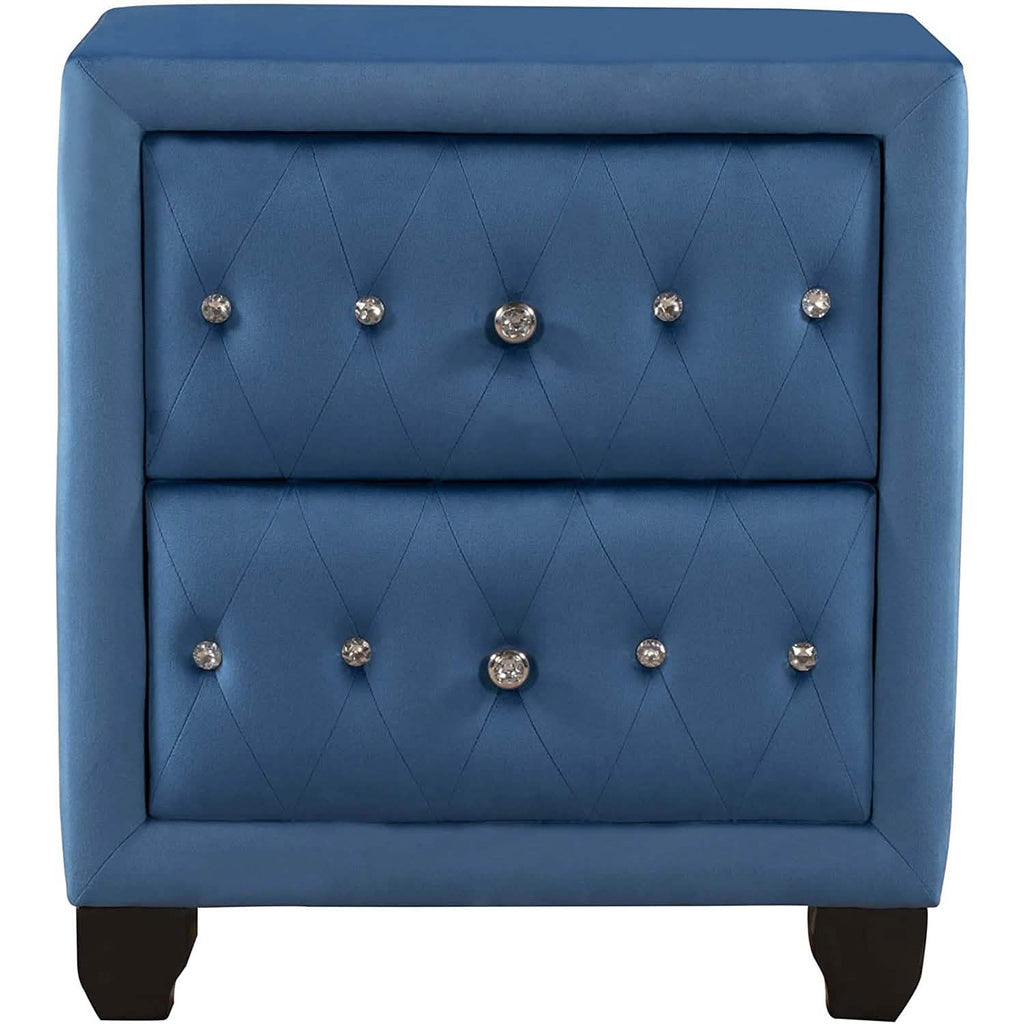 Table de chevet de 70,8 cm de haut, rembourrée en velours bleu, avec 2 tiroirs