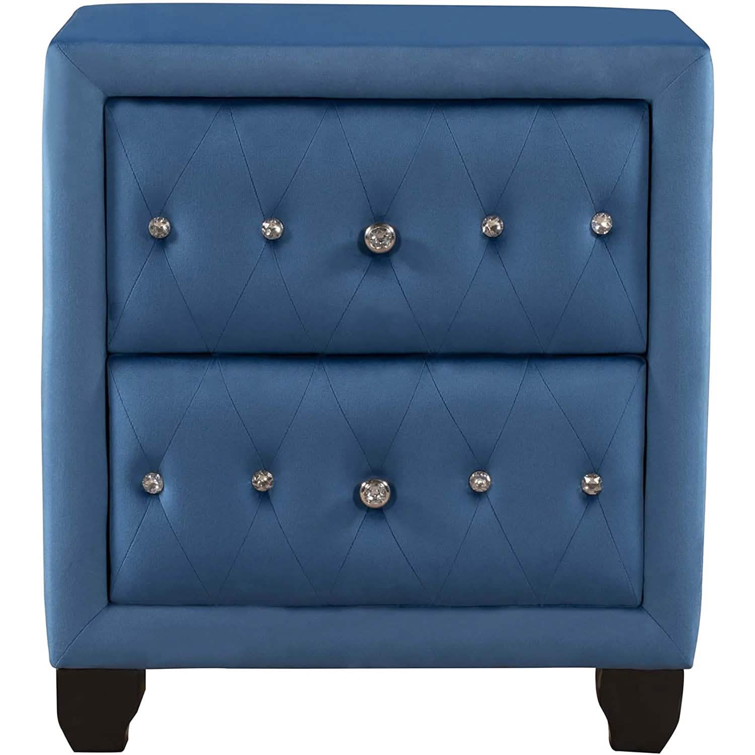 Table de chevet de 70,8 cm de haut, rembourrée en velours bleu, avec 2 tiroirs