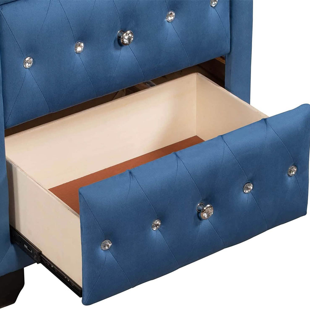 Table de chevet de 70,8 cm de haut, rembourrée en velours bleu, avec 2 tiroirs
