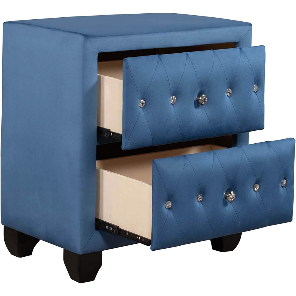 Table de chevet de 70,8 cm de haut, rembourrée en velours bleu, avec 2 tiroirs