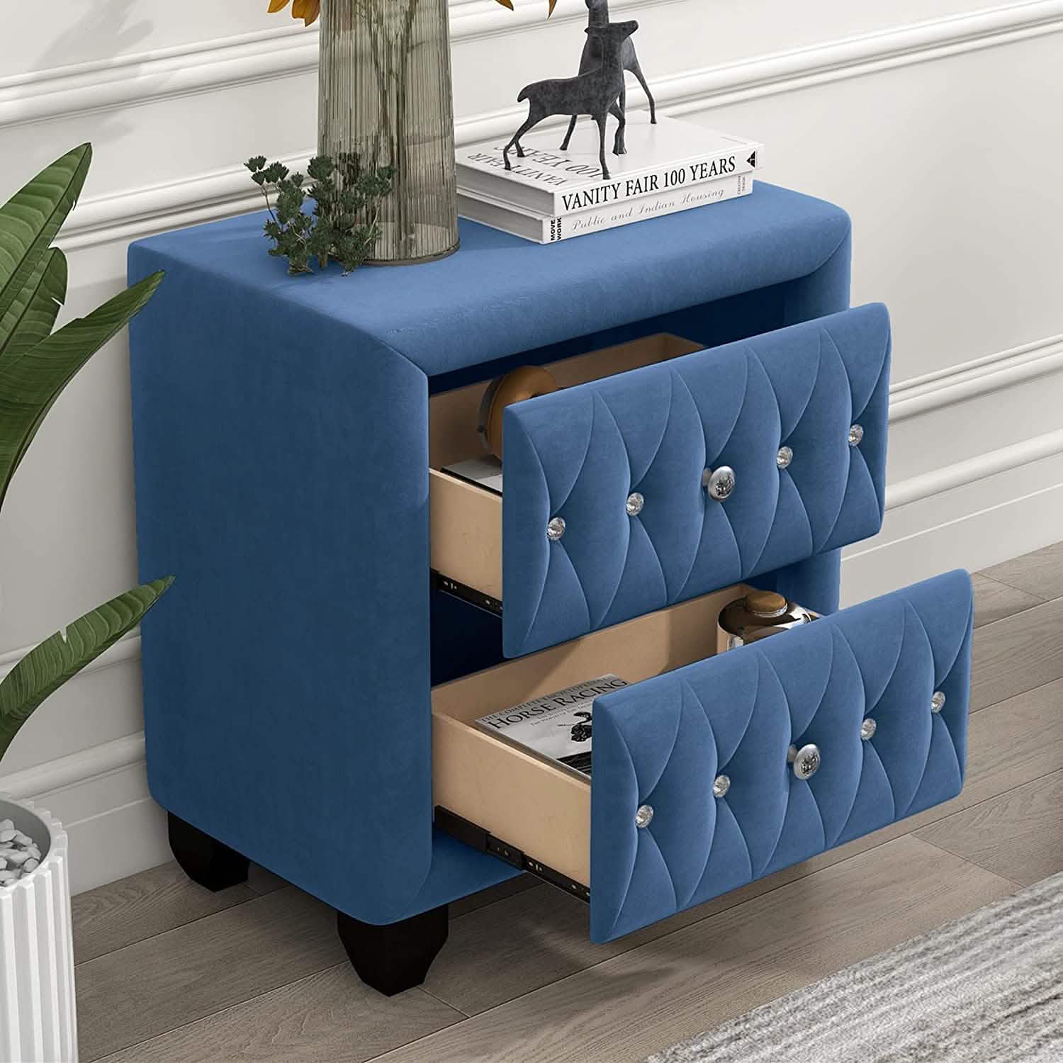 Table de chevet de 70,8 cm de haut, rembourrée en velours bleu, avec 2 tiroirs