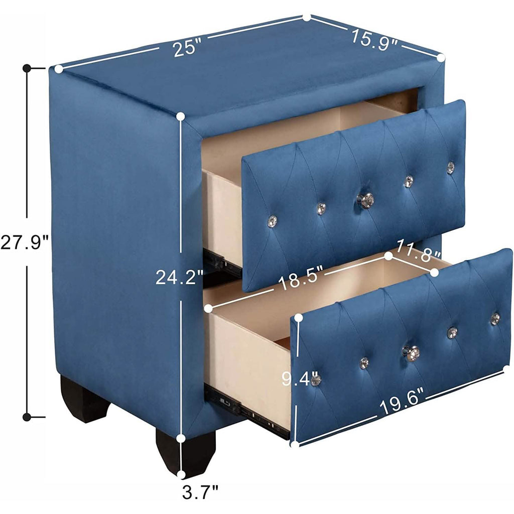 Table de chevet de 70,8 cm de haut, rembourrée en velours bleu, avec 2 tiroirs