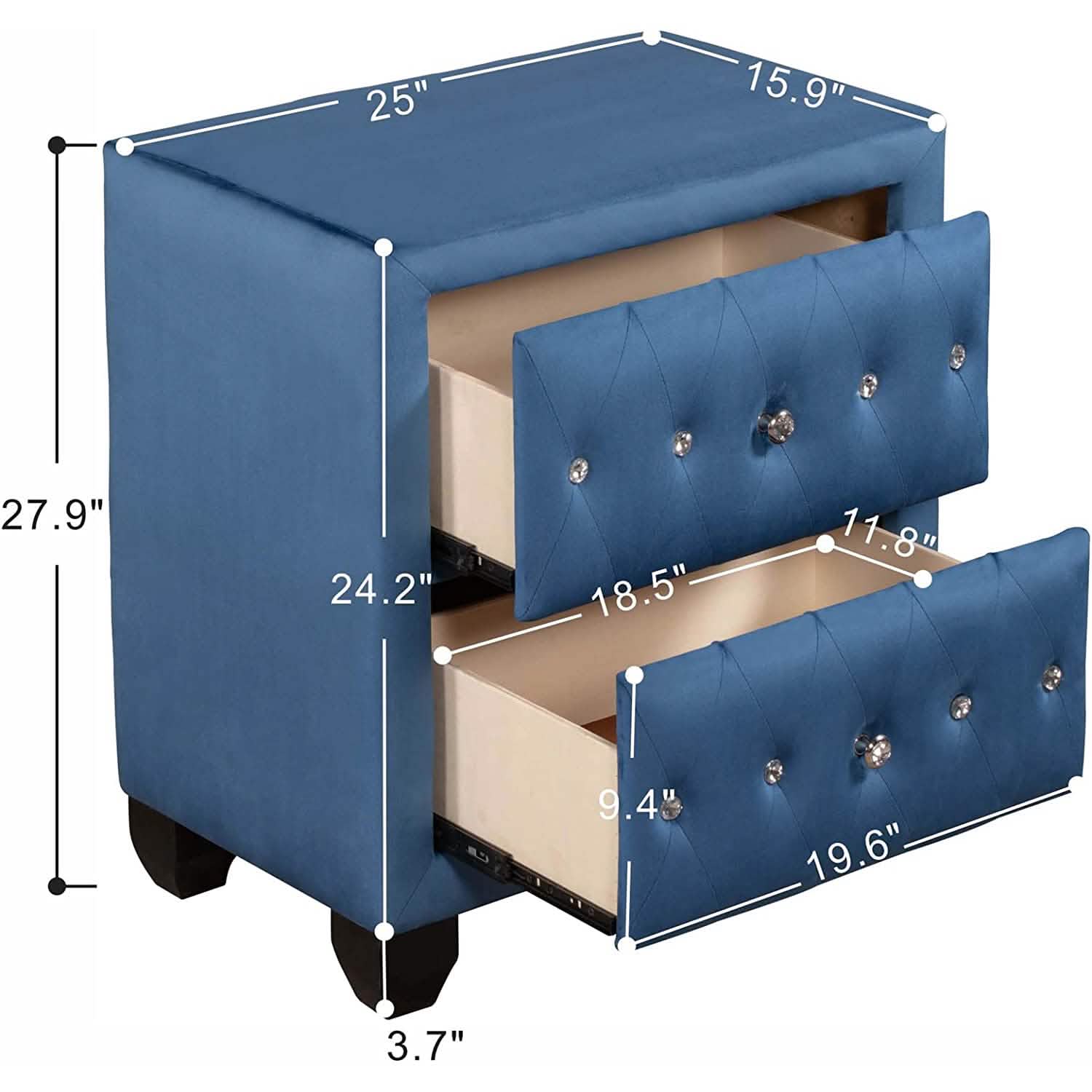 Table de chevet de 70,8 cm de haut, rembourrée en velours bleu, avec 2 tiroirs