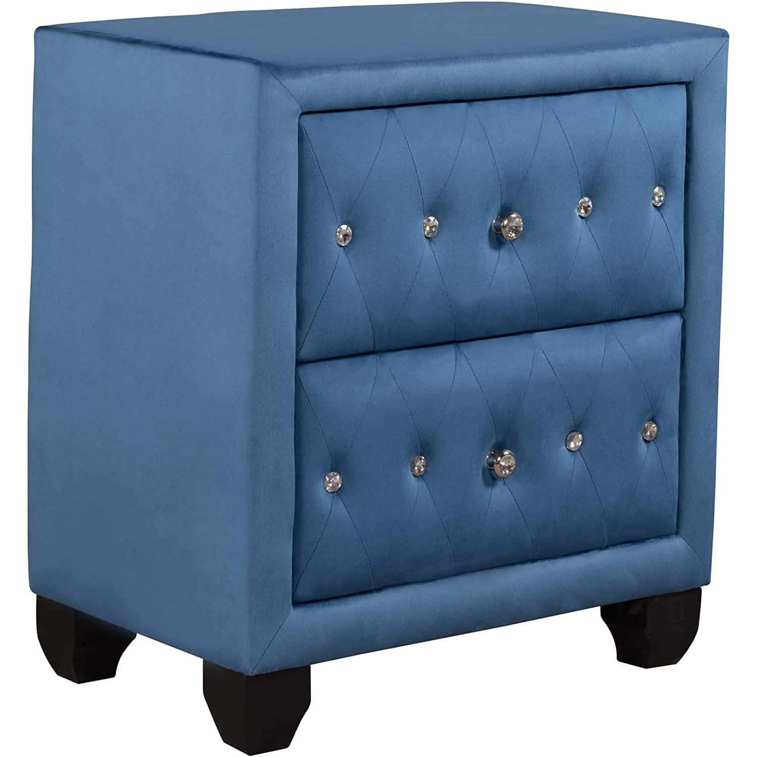 Table de chevet de 70,8 cm de haut, rembourrée en velours bleu, avec 2 tiroirs