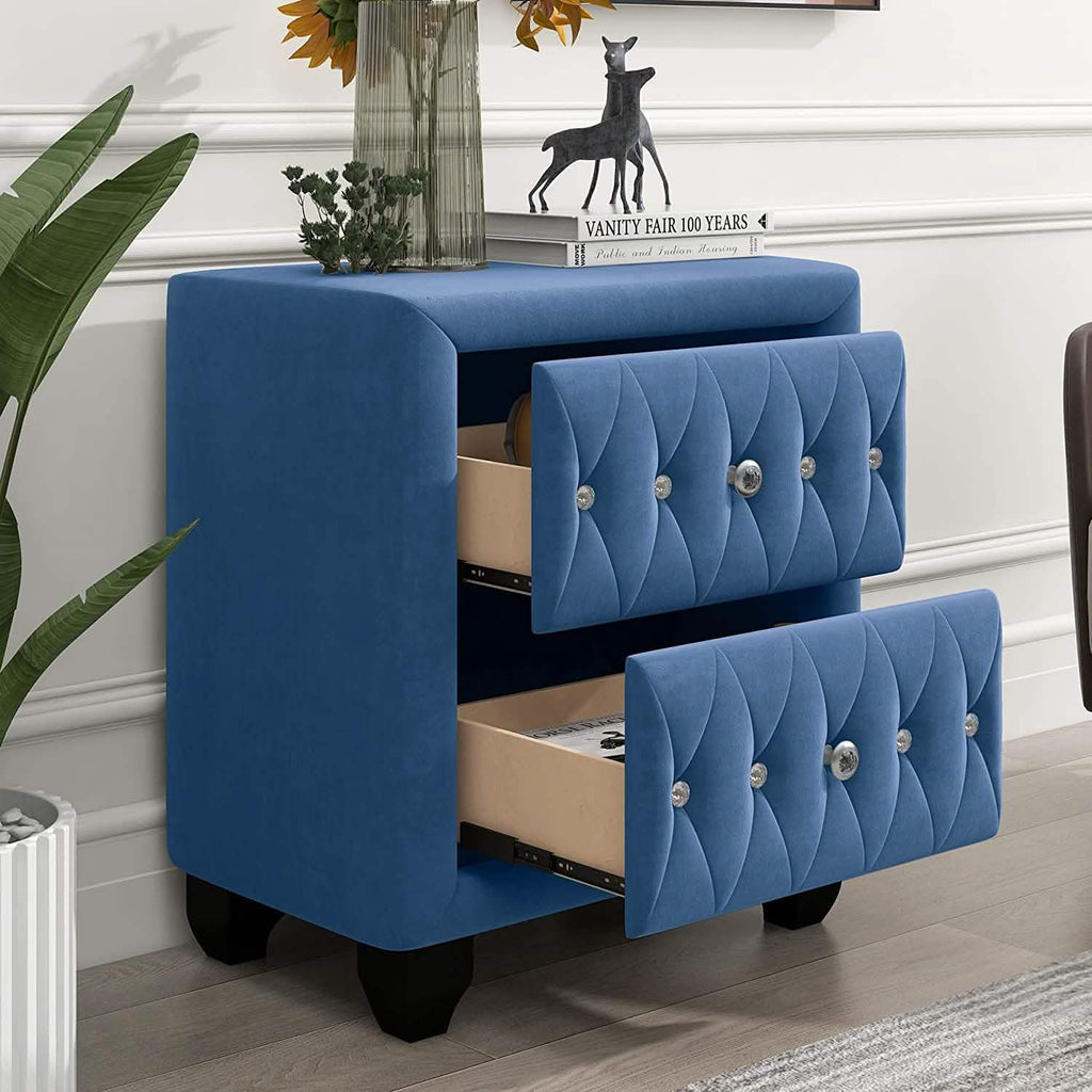 Table de chevet de 70,8 cm de haut, rembourrée en velours bleu, avec 2 tiroirs