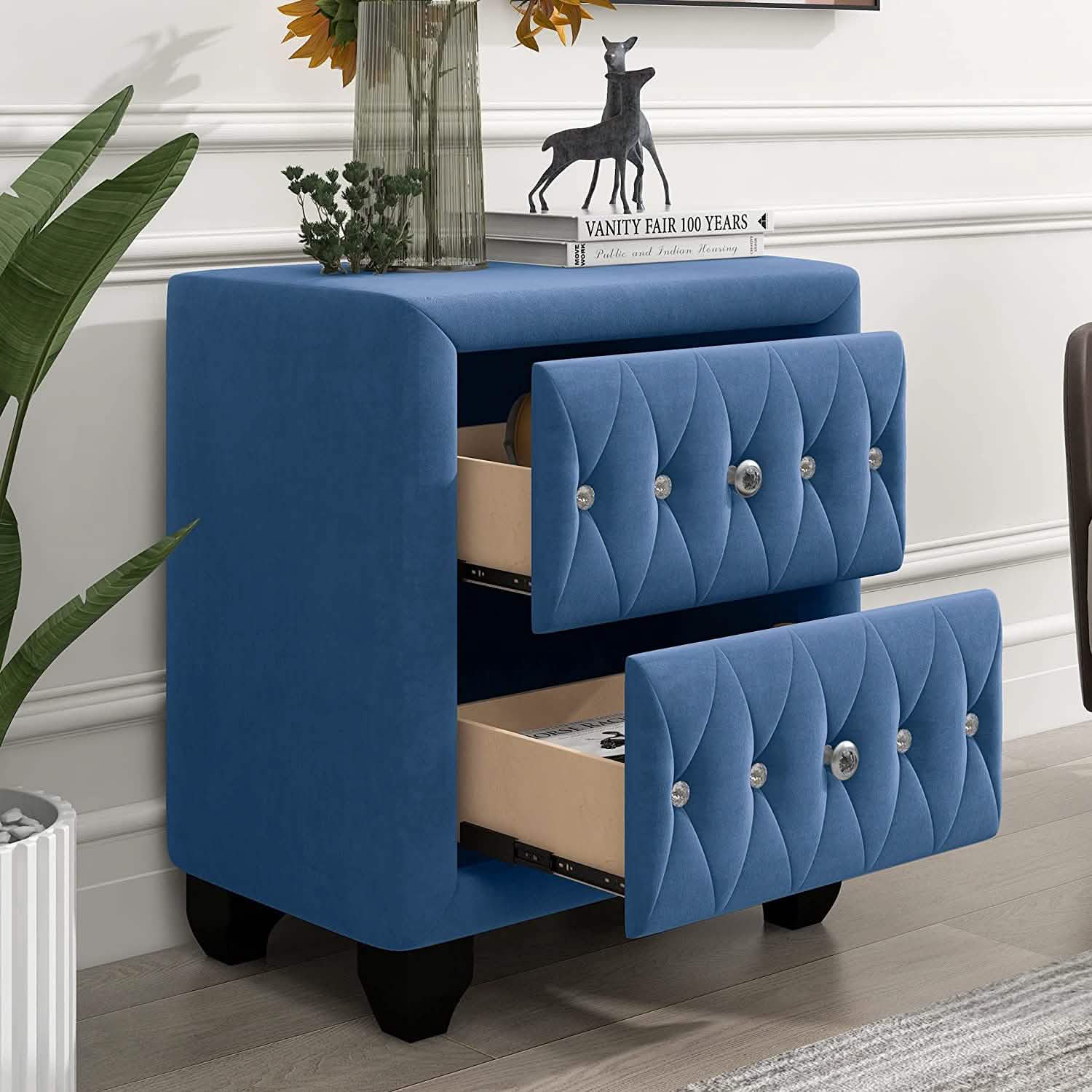 Table de chevet de 70,8 cm de haut, rembourrée en velours bleu, avec 2 tiroirs