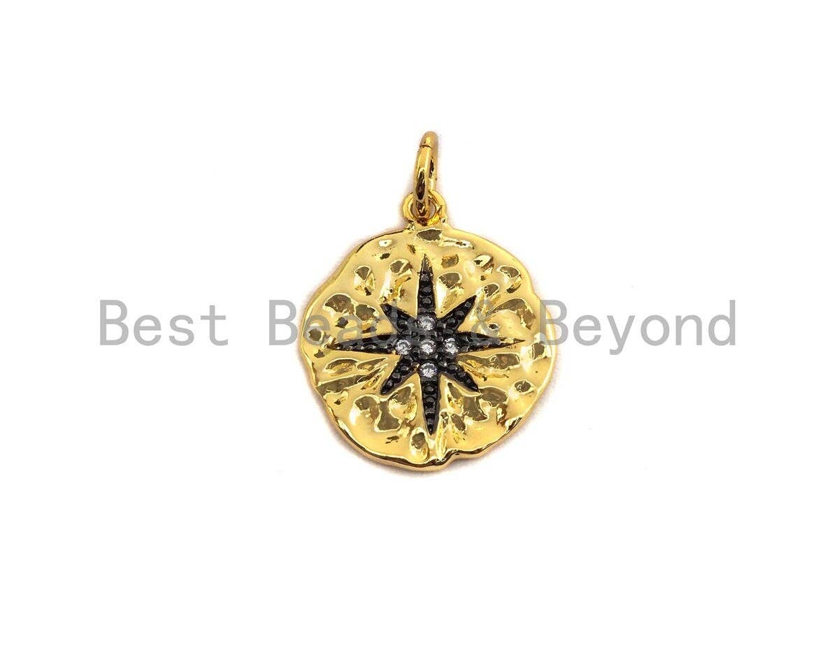 Clear Black CZ Micro Pave Starburst Hammered Gold Pendant/Charm,Star Cubic Zirconia Pendant, 24K Gold Tone,15x17mm,Sku#Z446