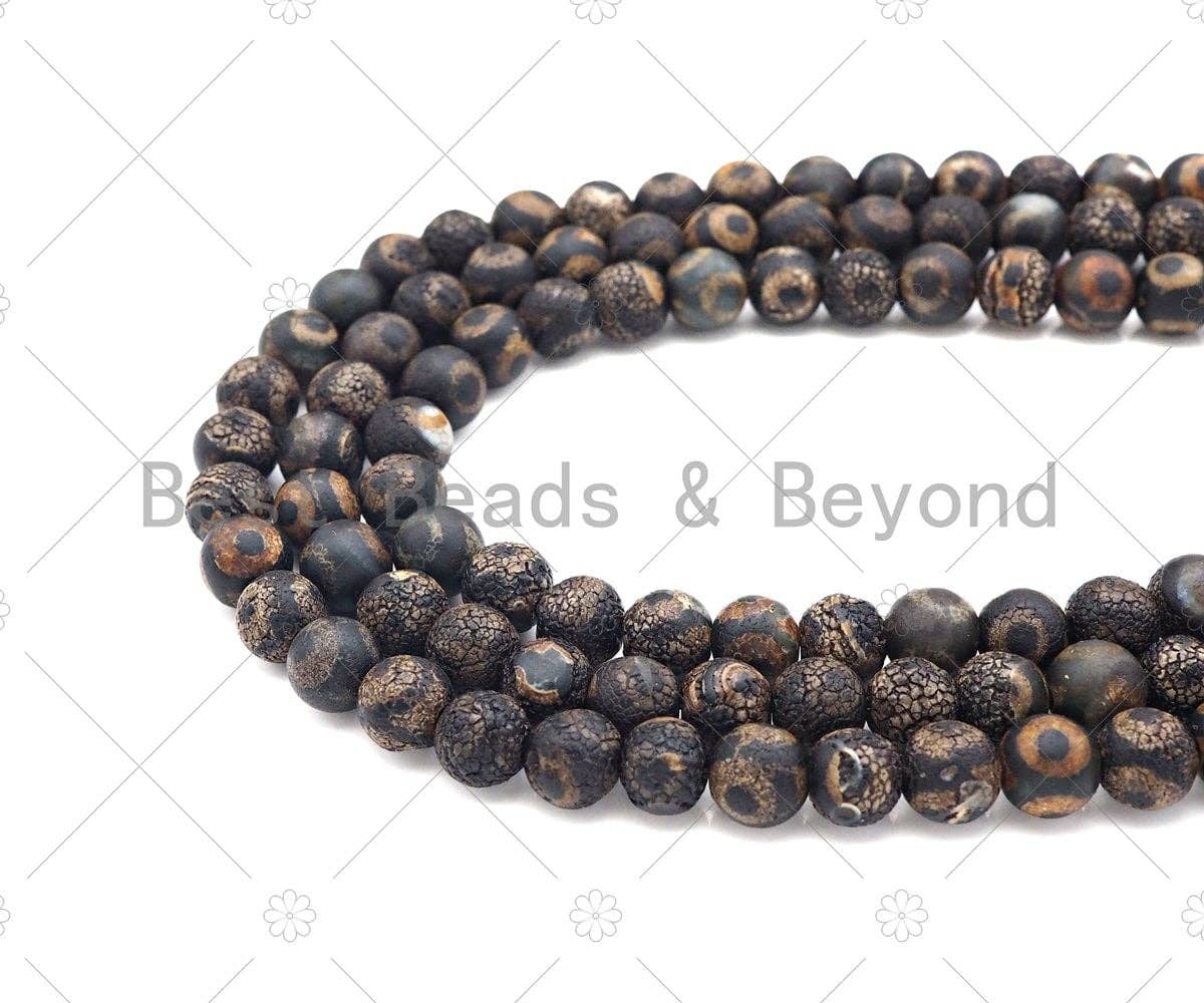 Natural Tibetan Black Agate with Evil Eye Beads, Dzi Eye Agate Beads, 10mm/12mm Tibetan Round Smooth Agate,15.5" Full Strand, Sku#U1108