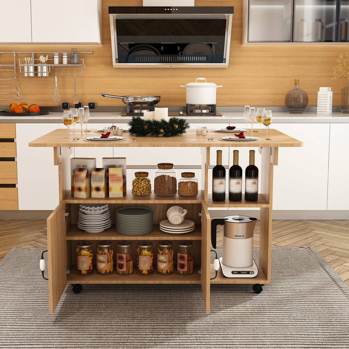 Multi-Functional Folding Table with Storage Shelves and Wheels