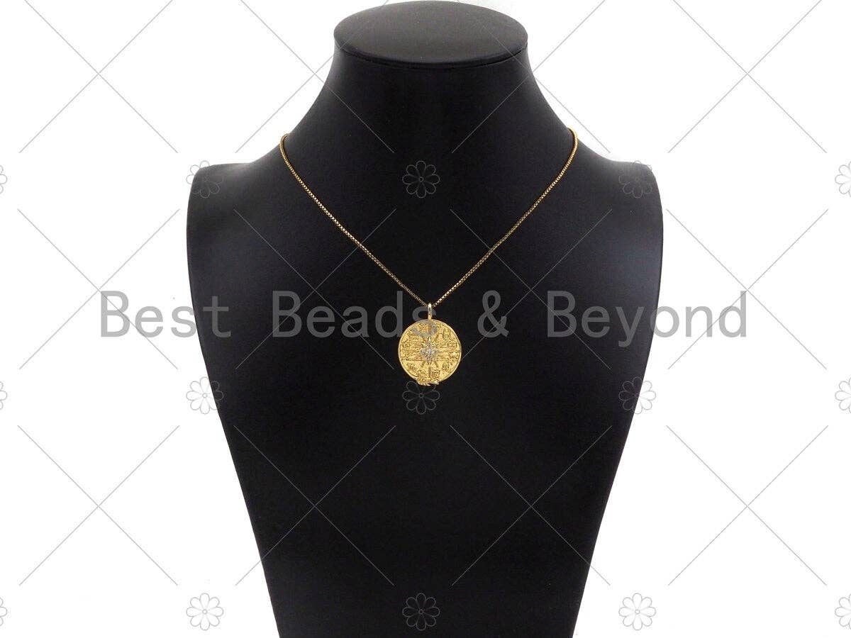 CZ Micro Pave North Star On Round Coin Shape Pendant, 18K Dainty Gold Medallion Charm,Necklace Bracelet Charm Pendant,23x30mm,Sku#Z1304