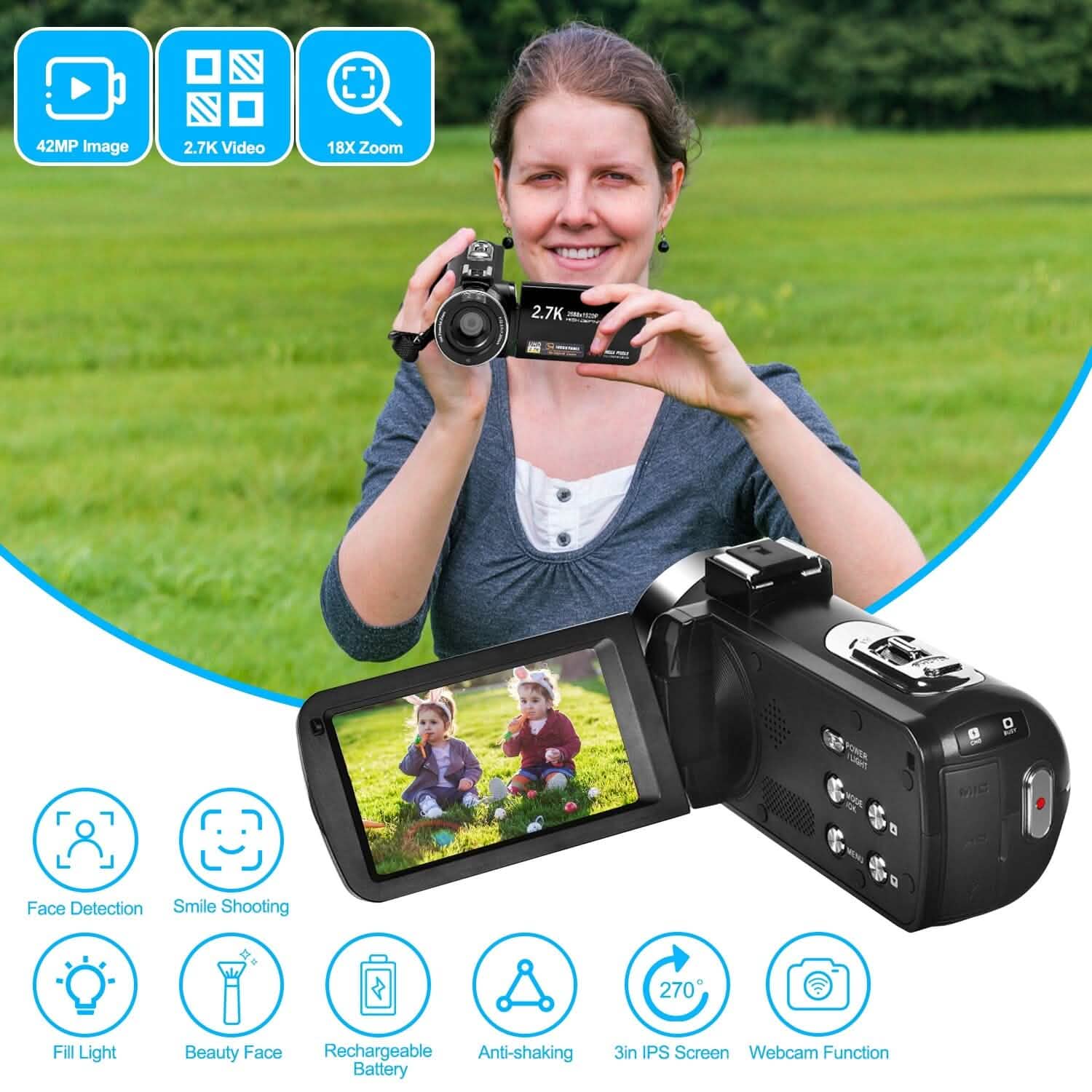 2.7K Camcorder 42MP 18x Zoom Digital Video Camera with 270° Rotating IPS Screen
