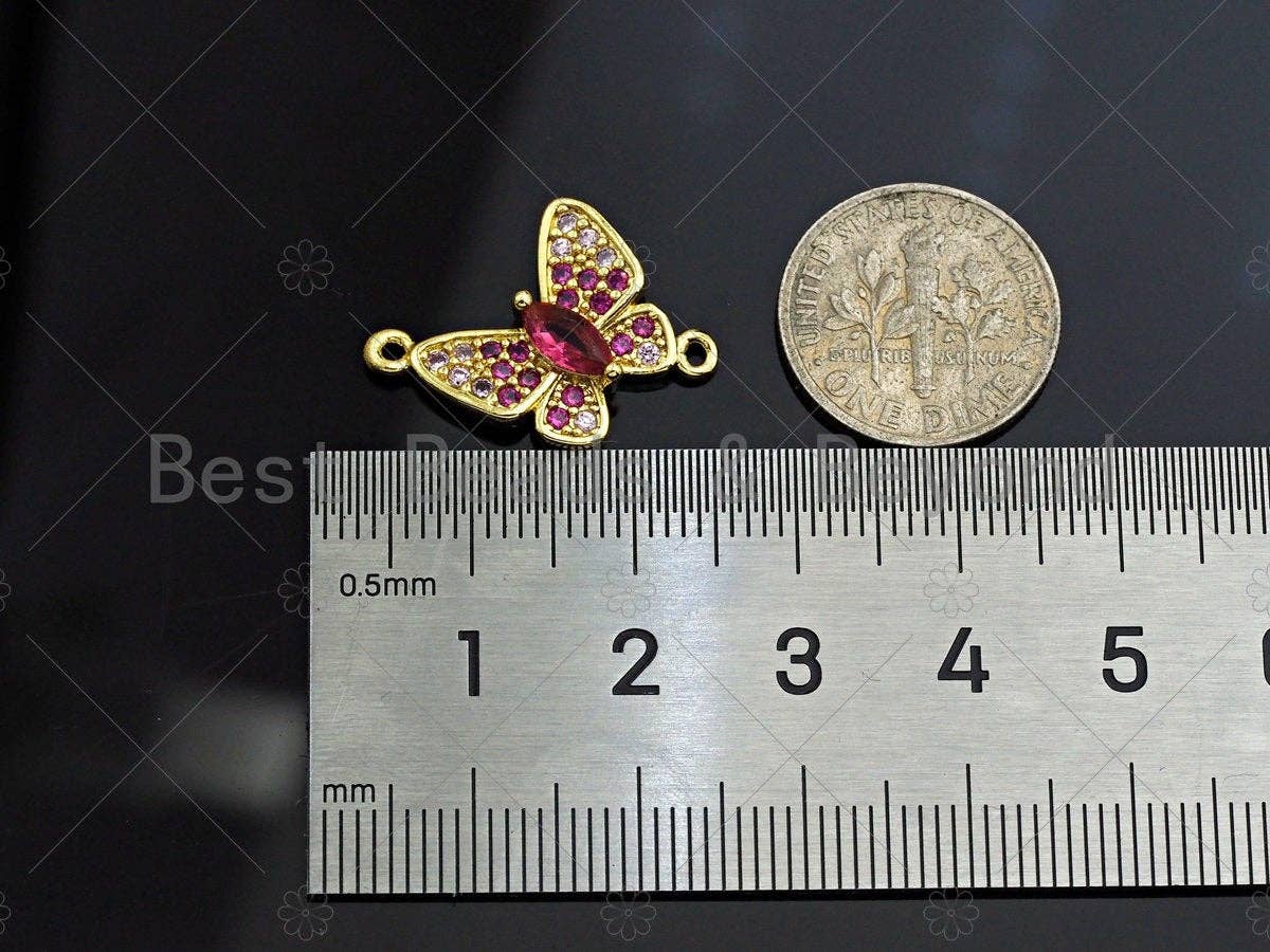 Fuchsia CZ Butterfly Connector, Butterfly Bracelet Link, Butterfly Pendant, Cubic Zirconia Pendant, Gold Tone, 16x18mm, Sku#LK86