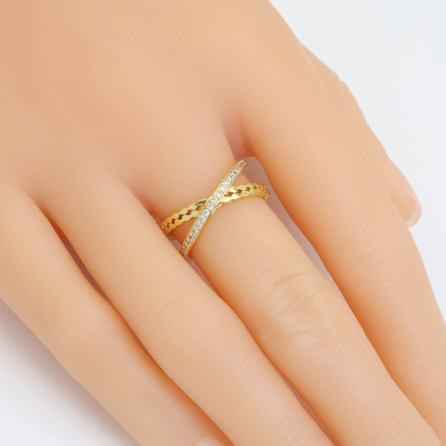 Clear CZ Criss Cross Gold Adjustable Ring, Sku#A183