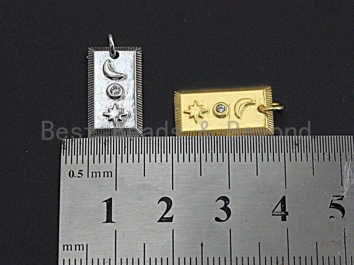 CZ Micro Pave Moon And Star On Rectangle Shaped Pendant/Charm, Cubic Zirconia Pendant Charm,10x18mm,sku#Z556