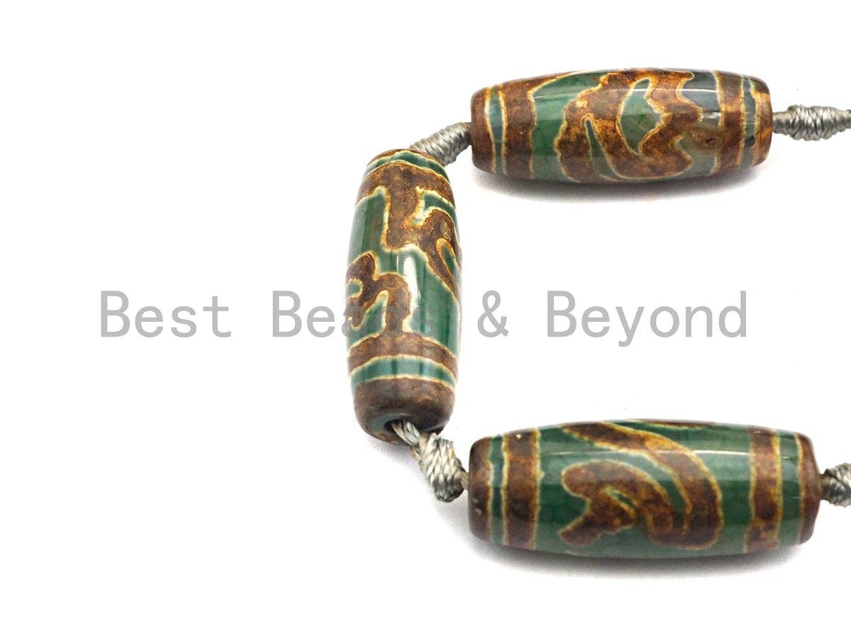 1pc/10pcs Natural Tibetan Agate Beads, Yellow Green Tibetan Long Oval Shape Beads, Dzi Agate Beads, 12x30mm, sku#U543