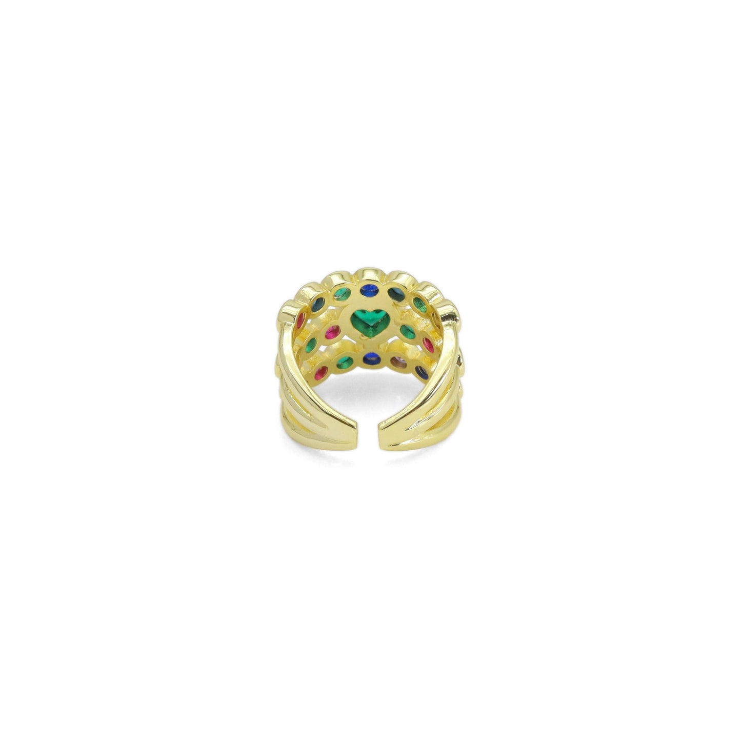 Colorful CZ Green Heart Multiline Gold Adjustable Ring, Sku#Z1480