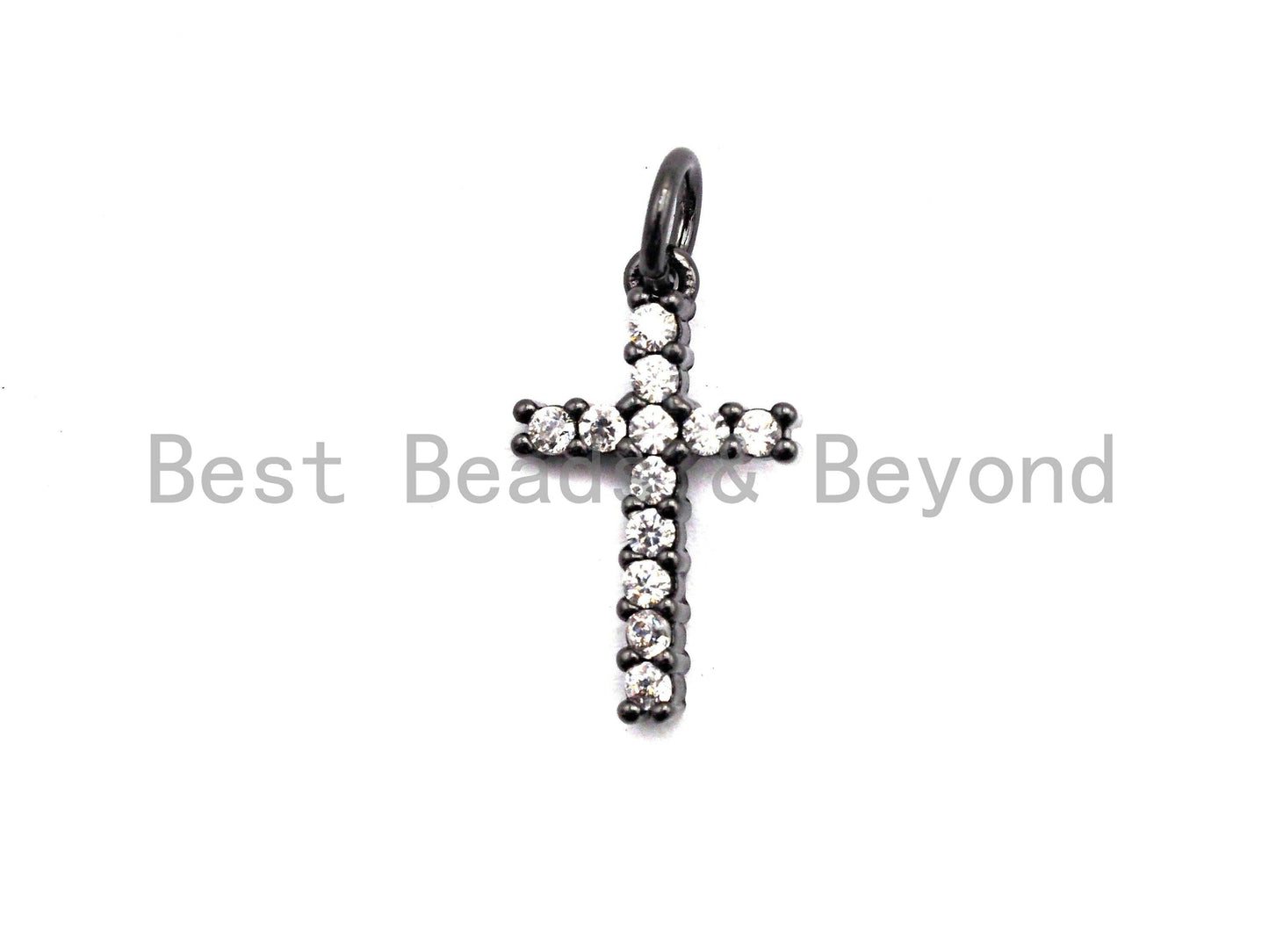 CZ Clear/Black Micro Pave Cross Pendant, CZ Pave Cross Charm, Gold/Rose Gold/Silver/Gunmetal plated, 9x16mm, Sku#F795