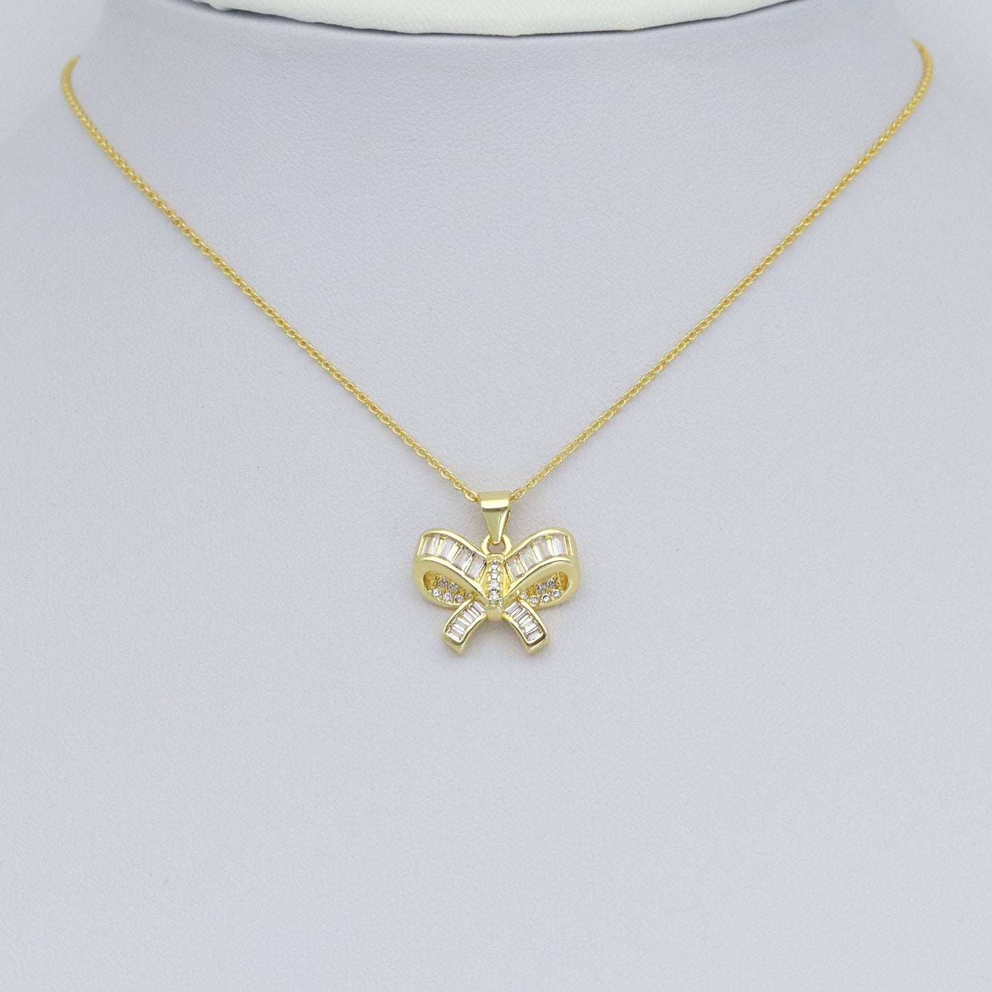 Clear Baguette CZ Gold Bowknot Charm Pendant, Sku#LK971